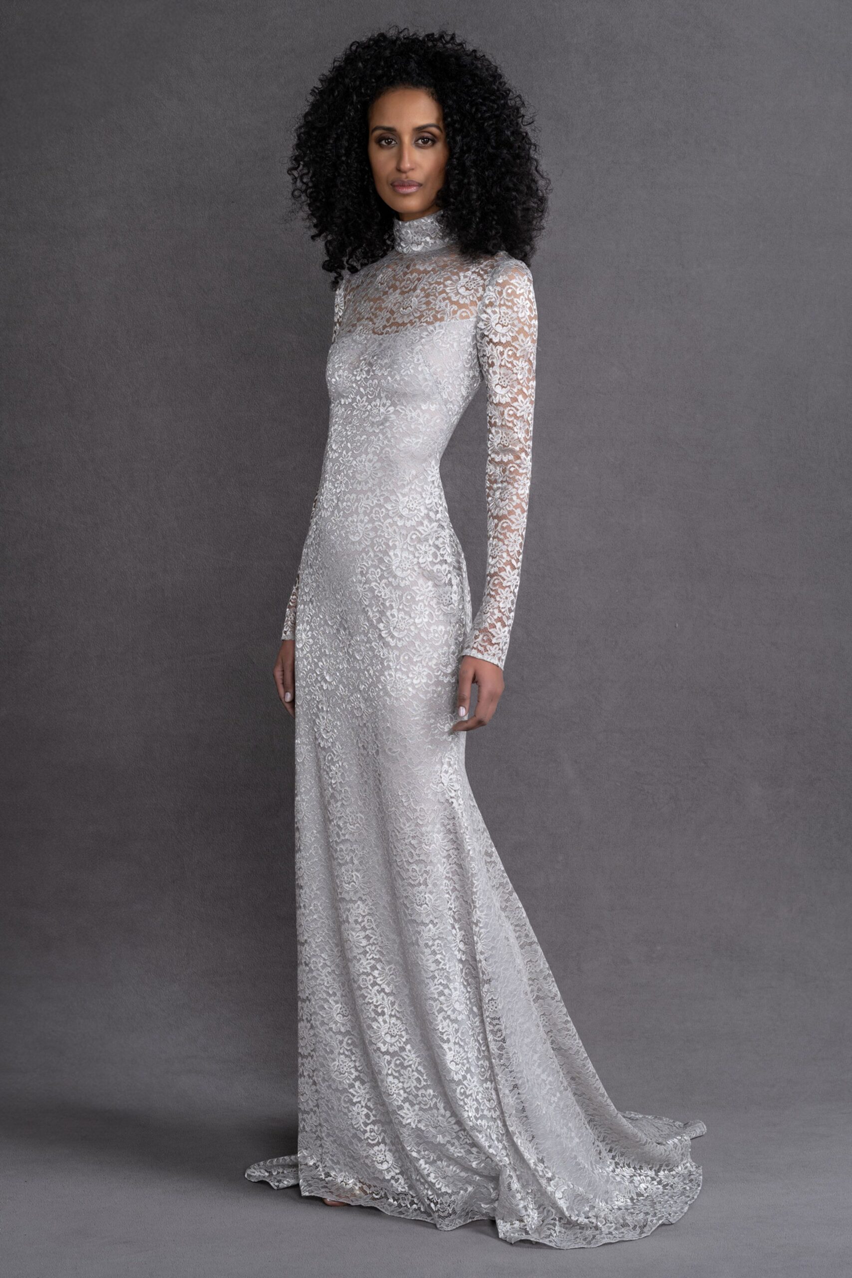 silver lace long-sleeve gown