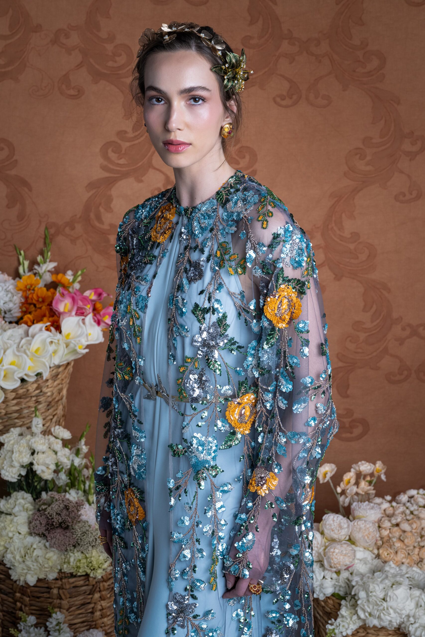 blue embroidered sheer gown