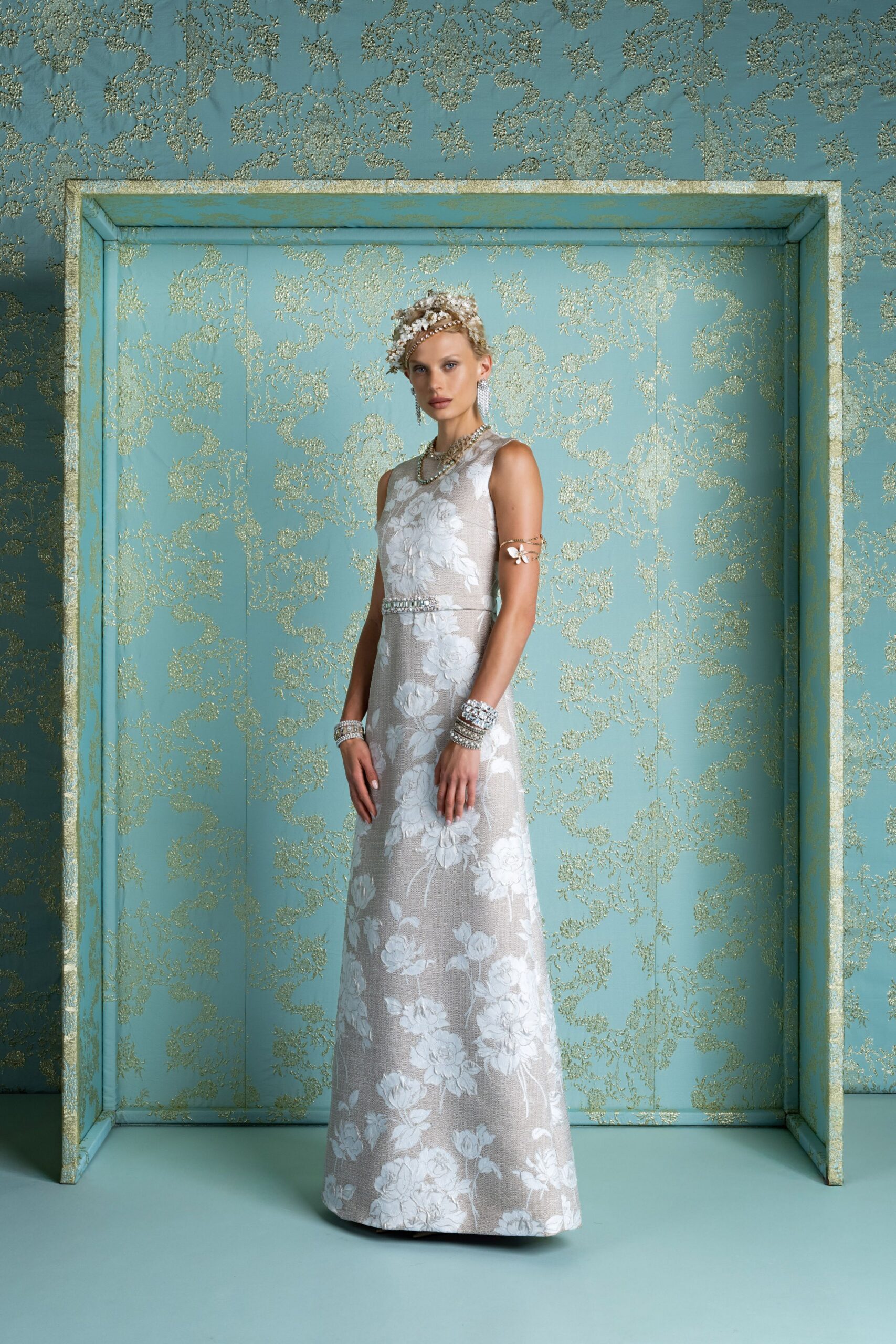gray floral embroidered gown