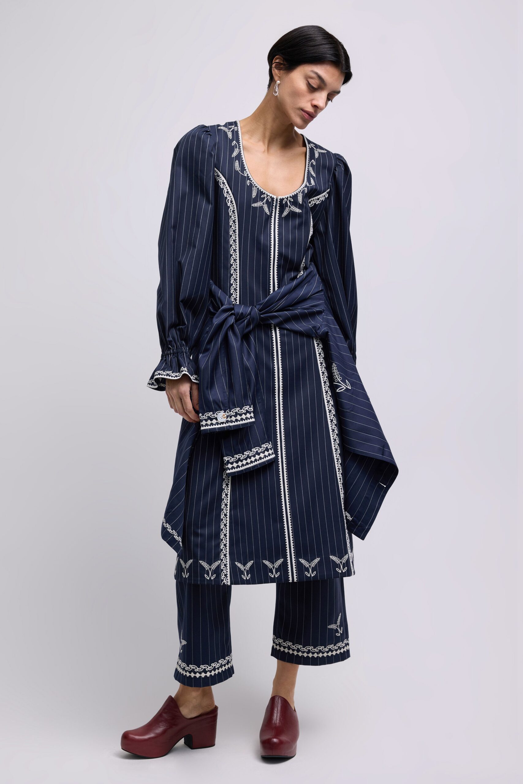 blue cotton long-sleeve v-neck relaxed striped embroidered dress