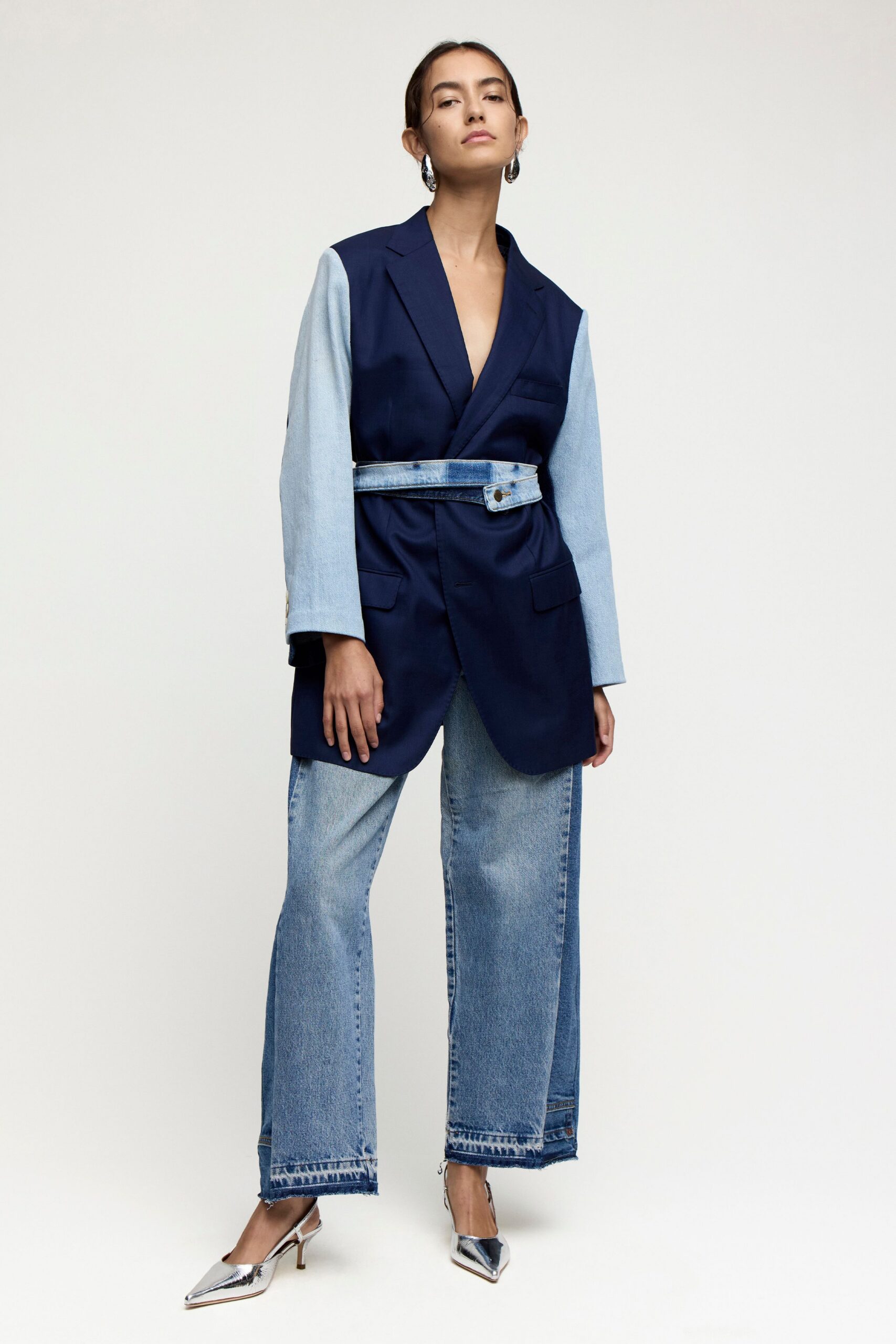 blue tailored blazer with denim pants
