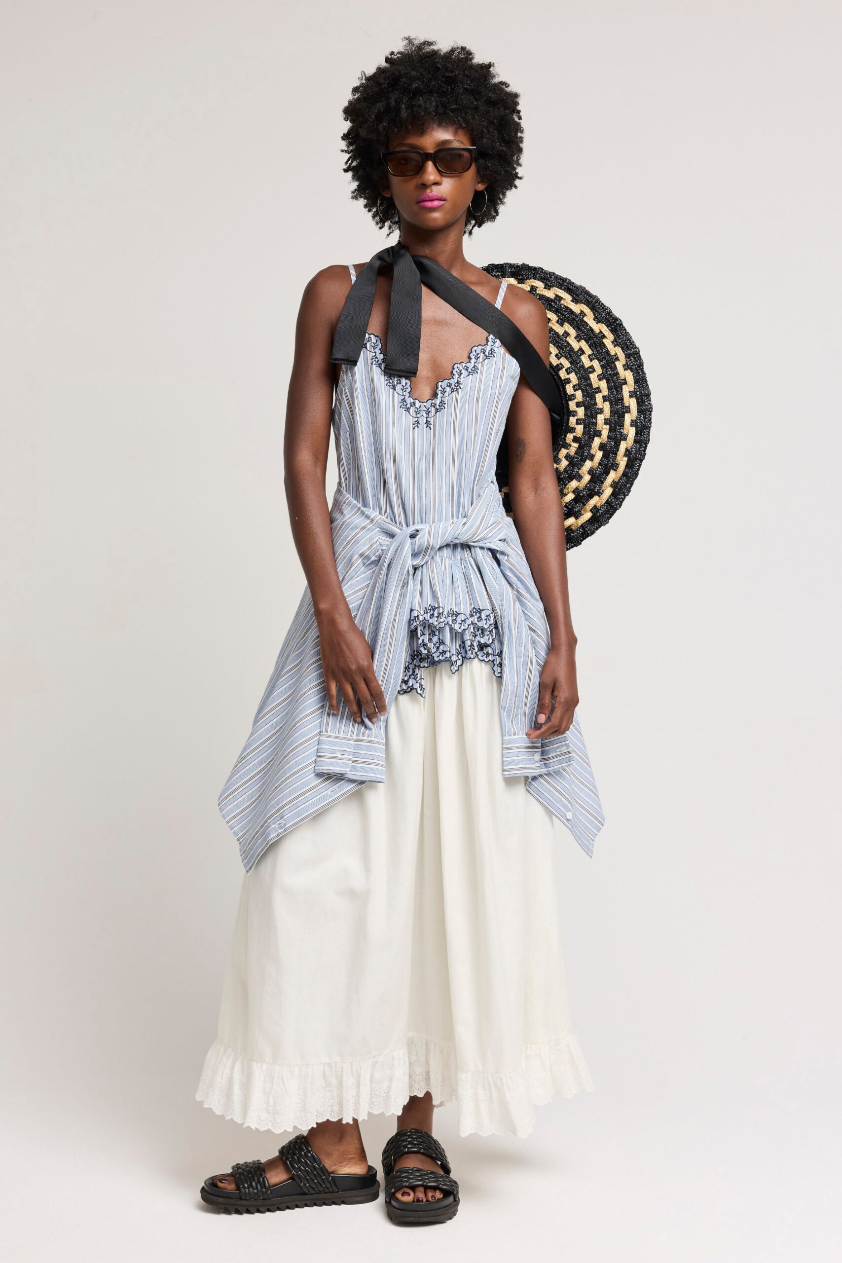 blue cotton sleeveless v-neck relaxed striped ruffled top