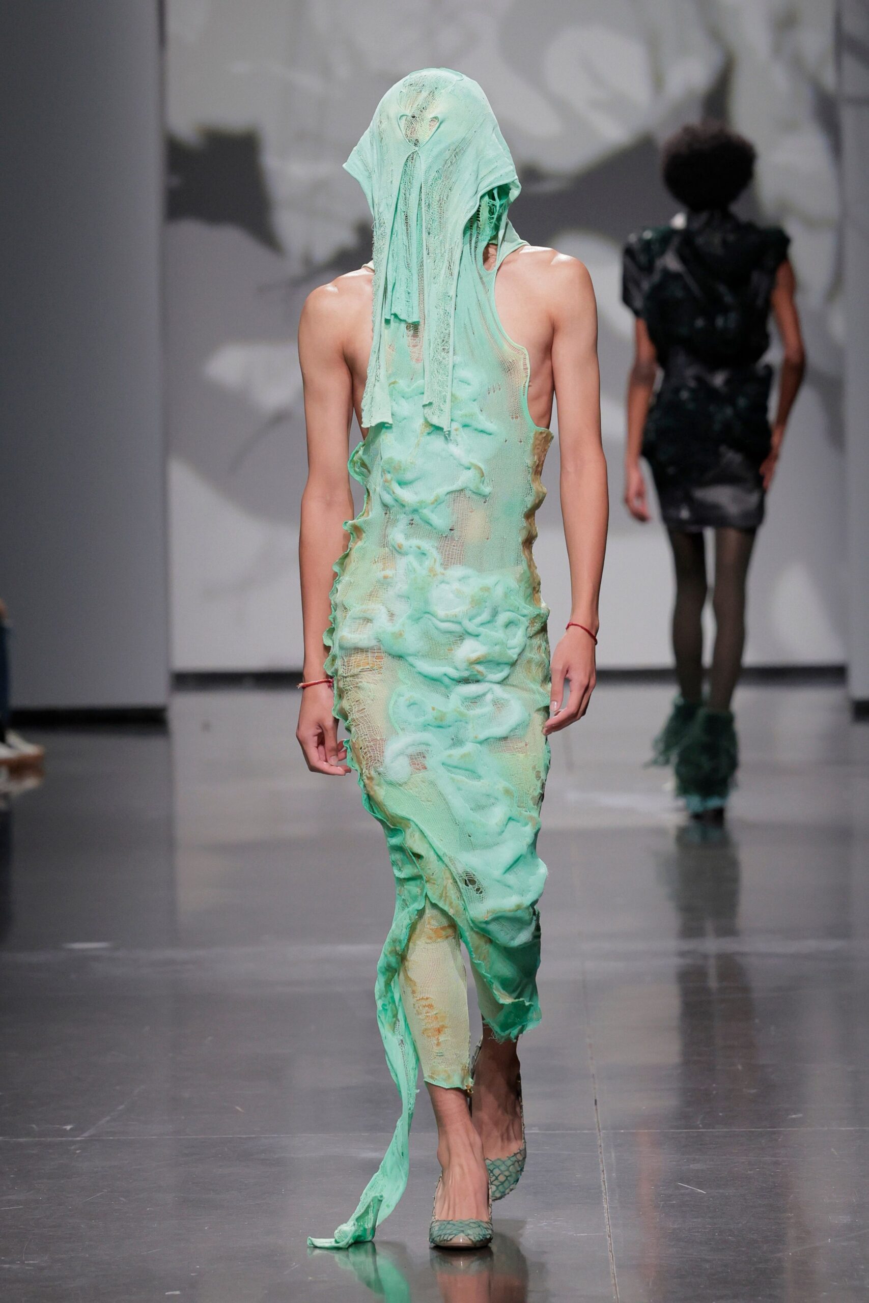 green sheer draped maxi dress
