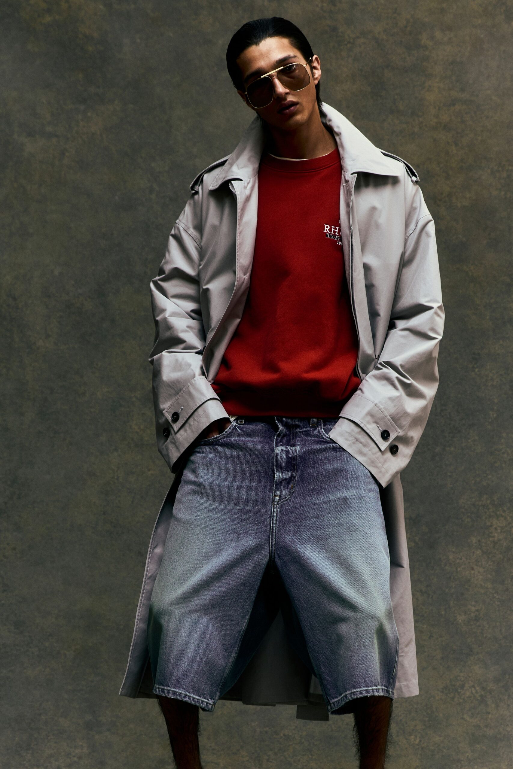 gray trench coat red sweater