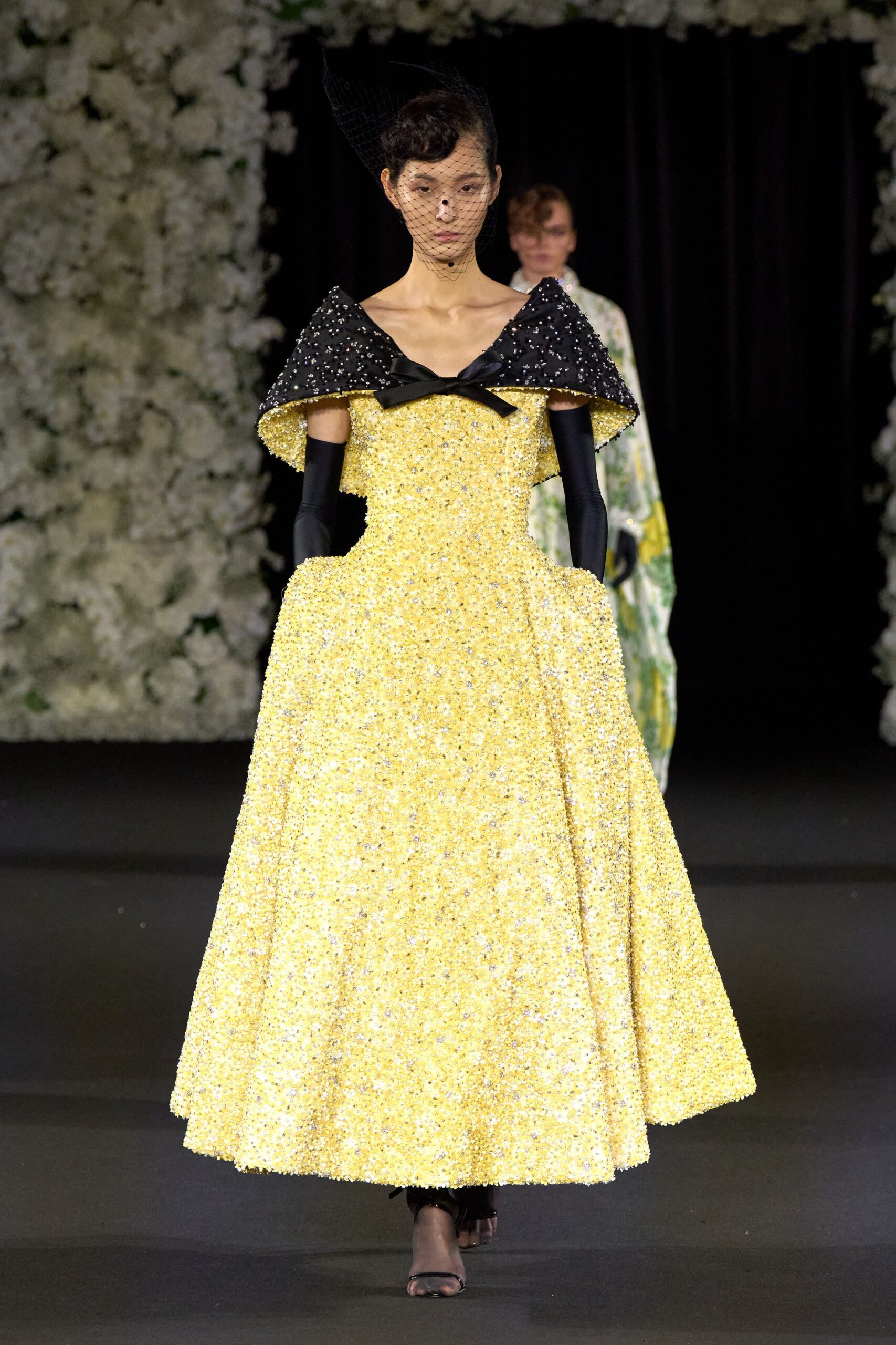 yellow silk sleeveless off-shoulder fitted pleated embellished gown