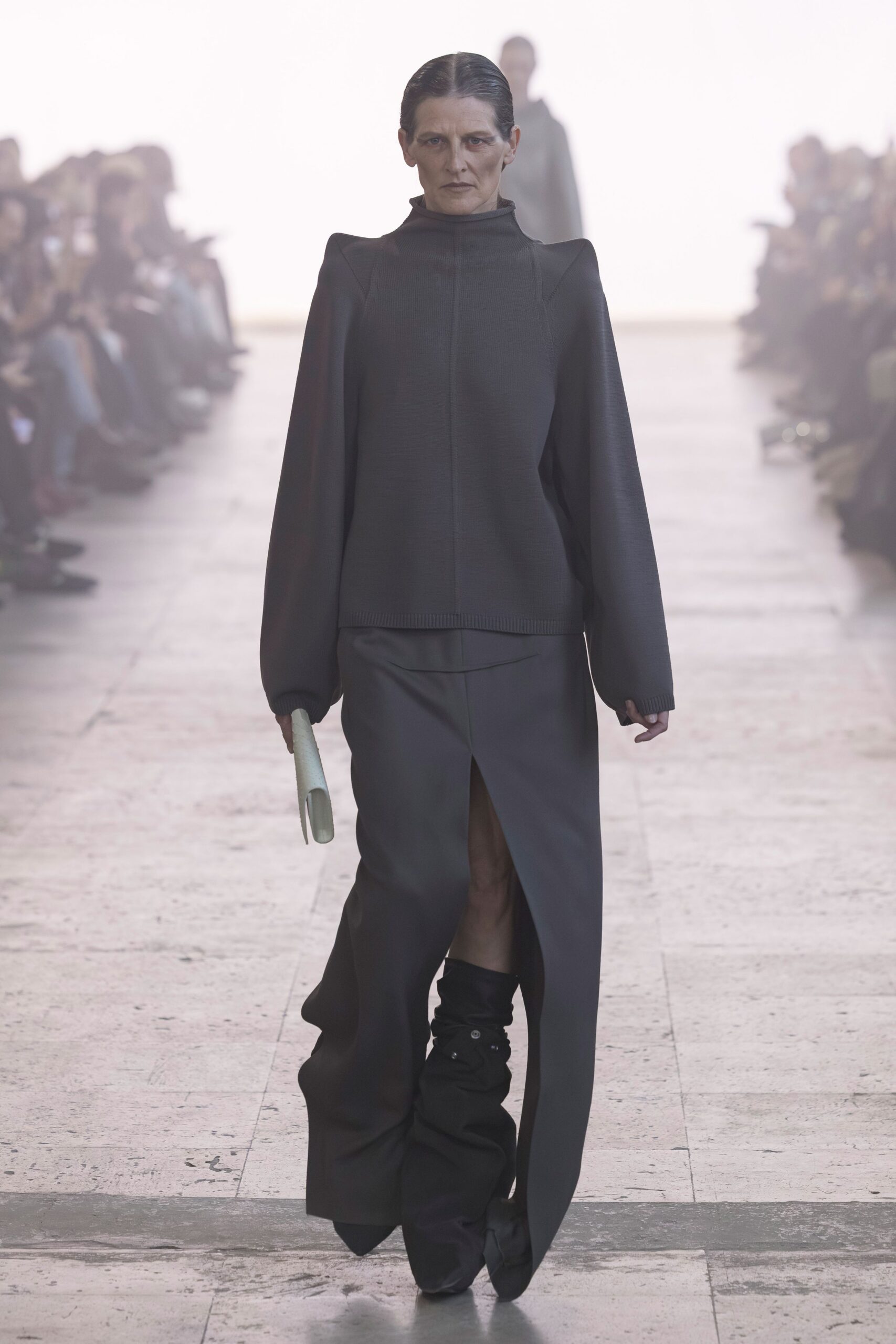 gray wool slit fitted straight-leg skirt