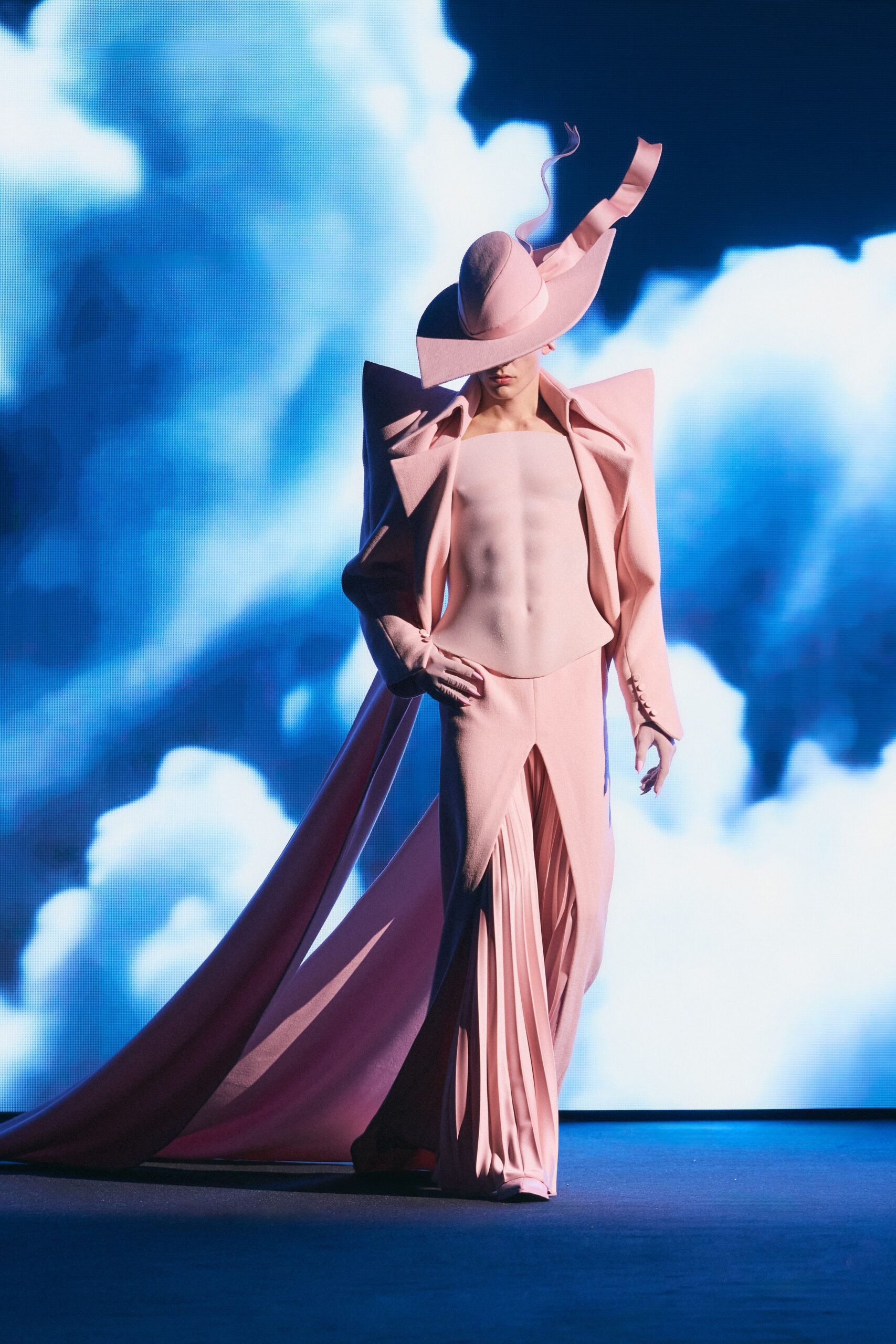 pink pleated gown with hat