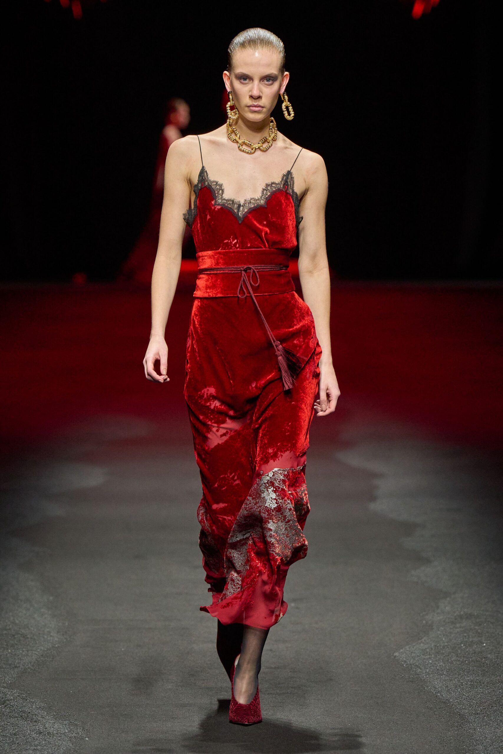 red silk sleeveless v-neck fitted draped shiny dress