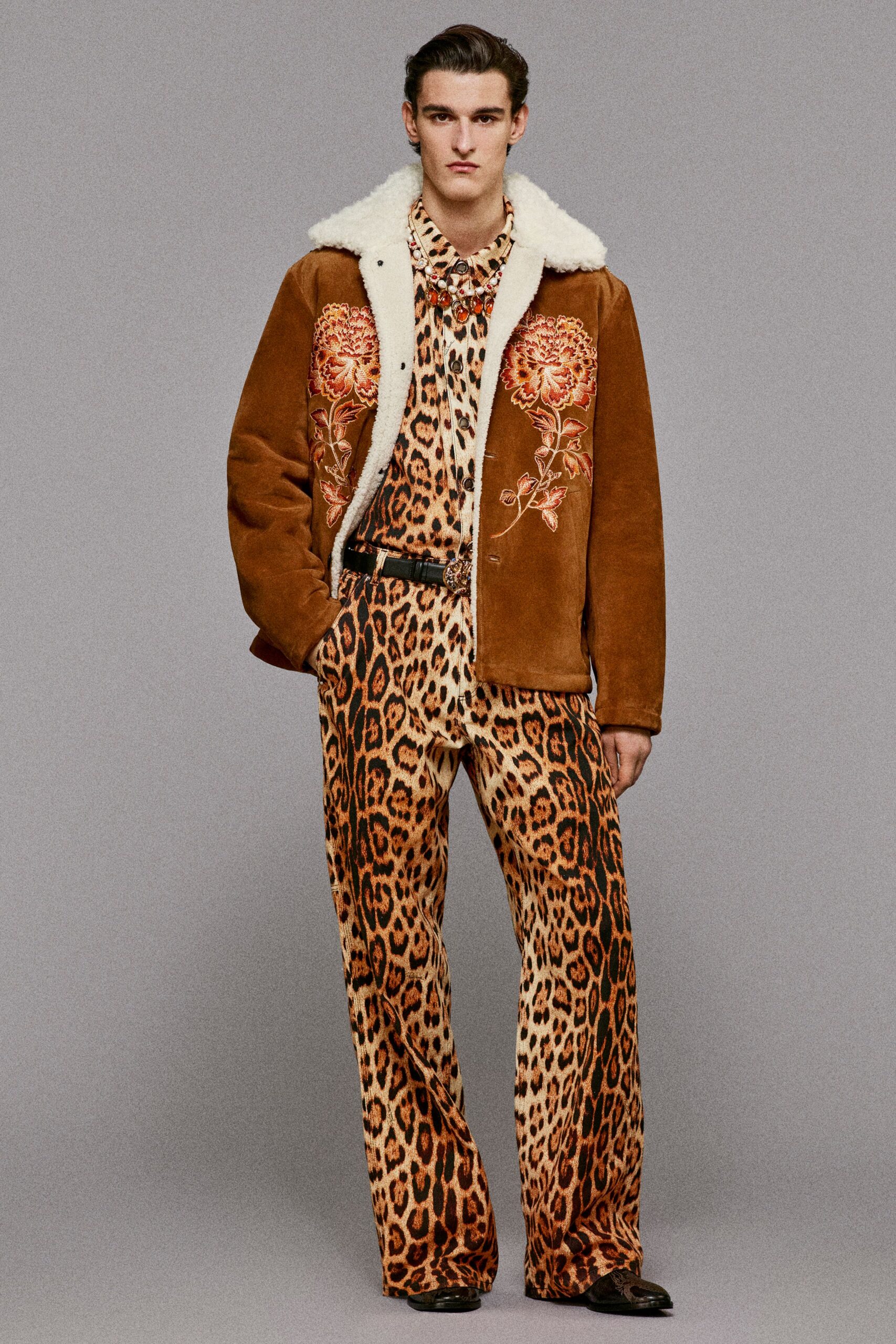 brown suede long-sleeve collared relaxed embroidered jacket