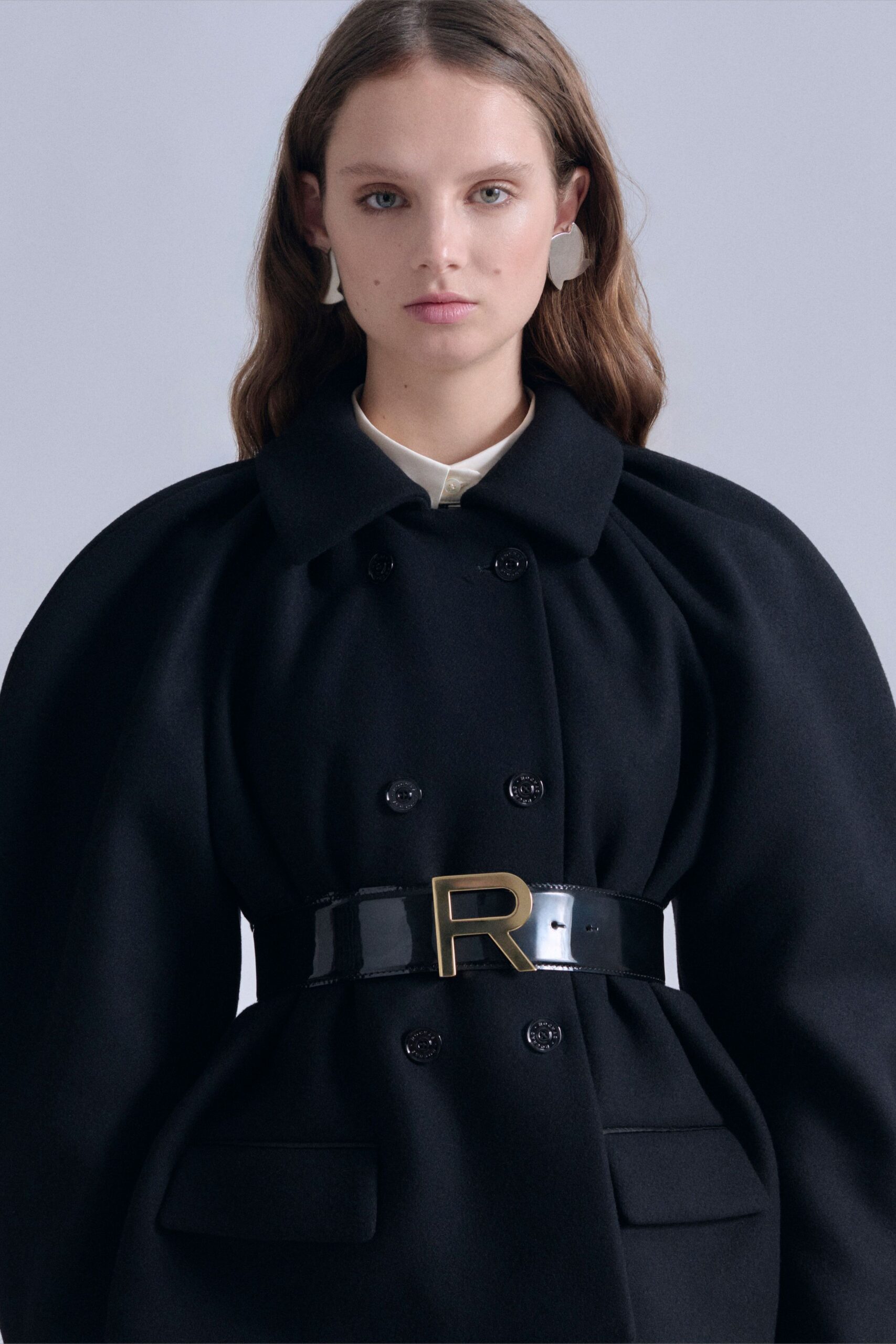 black wool long-sleeve collared structured belted coat