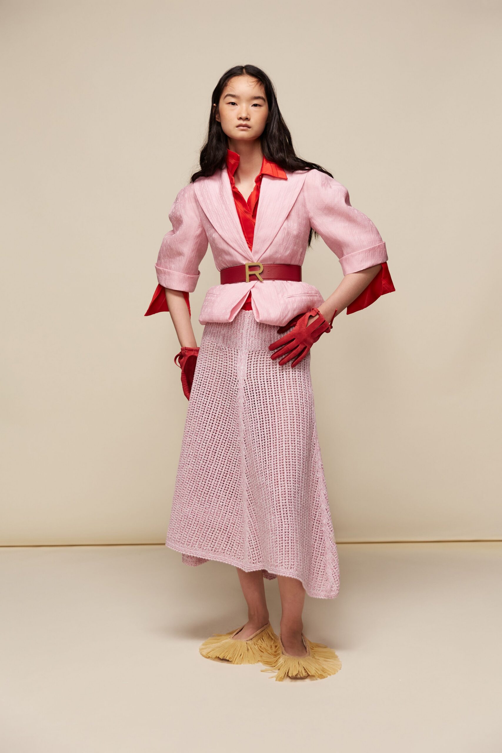 pink cotton short-sleeve collared structured buttoned blazer