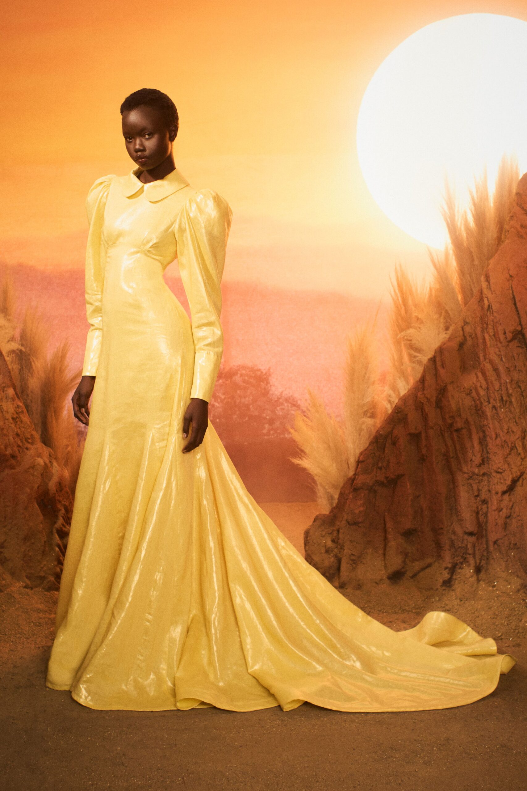 fitted yellow satin gown