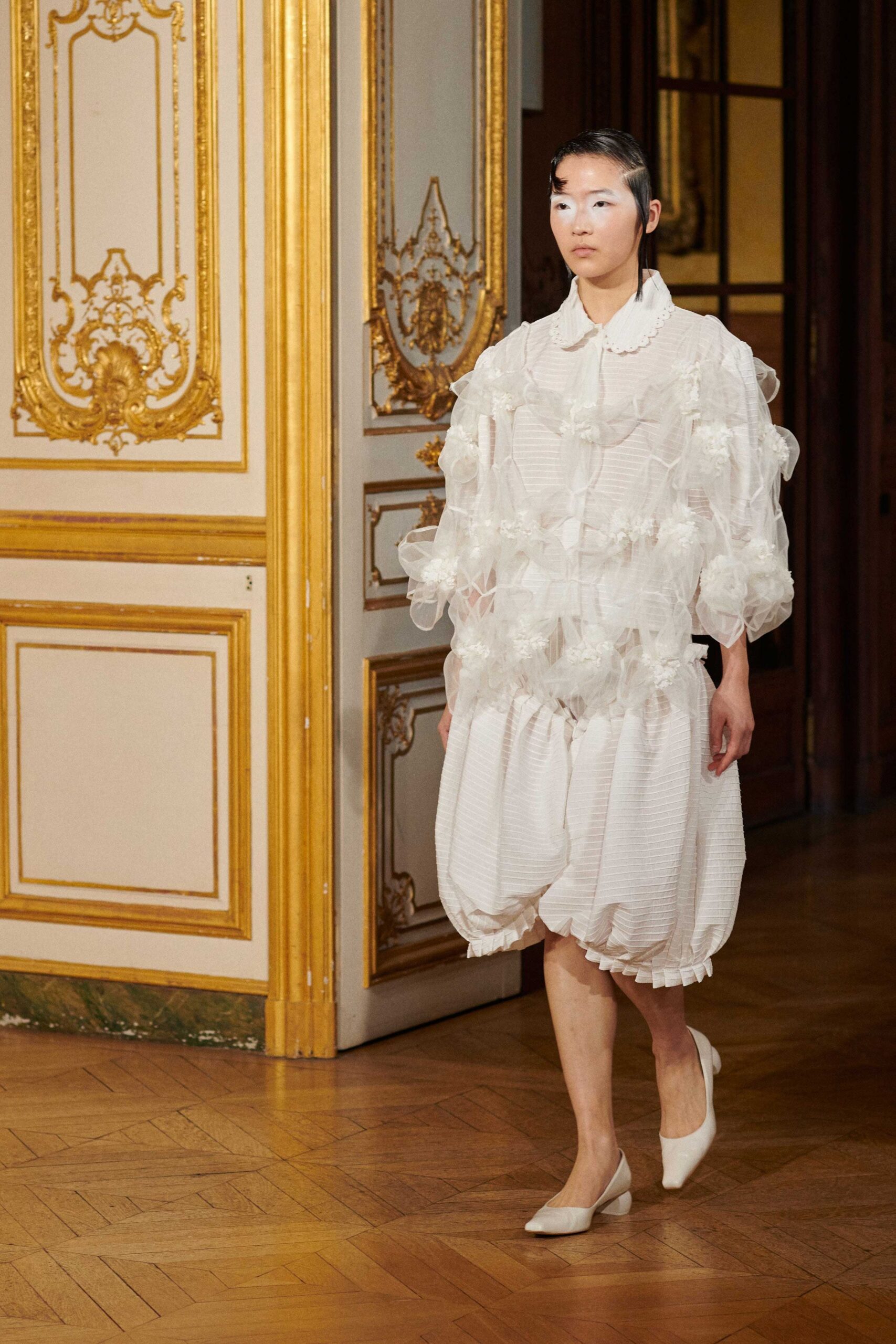 white ruffled midi dress with beige shoes