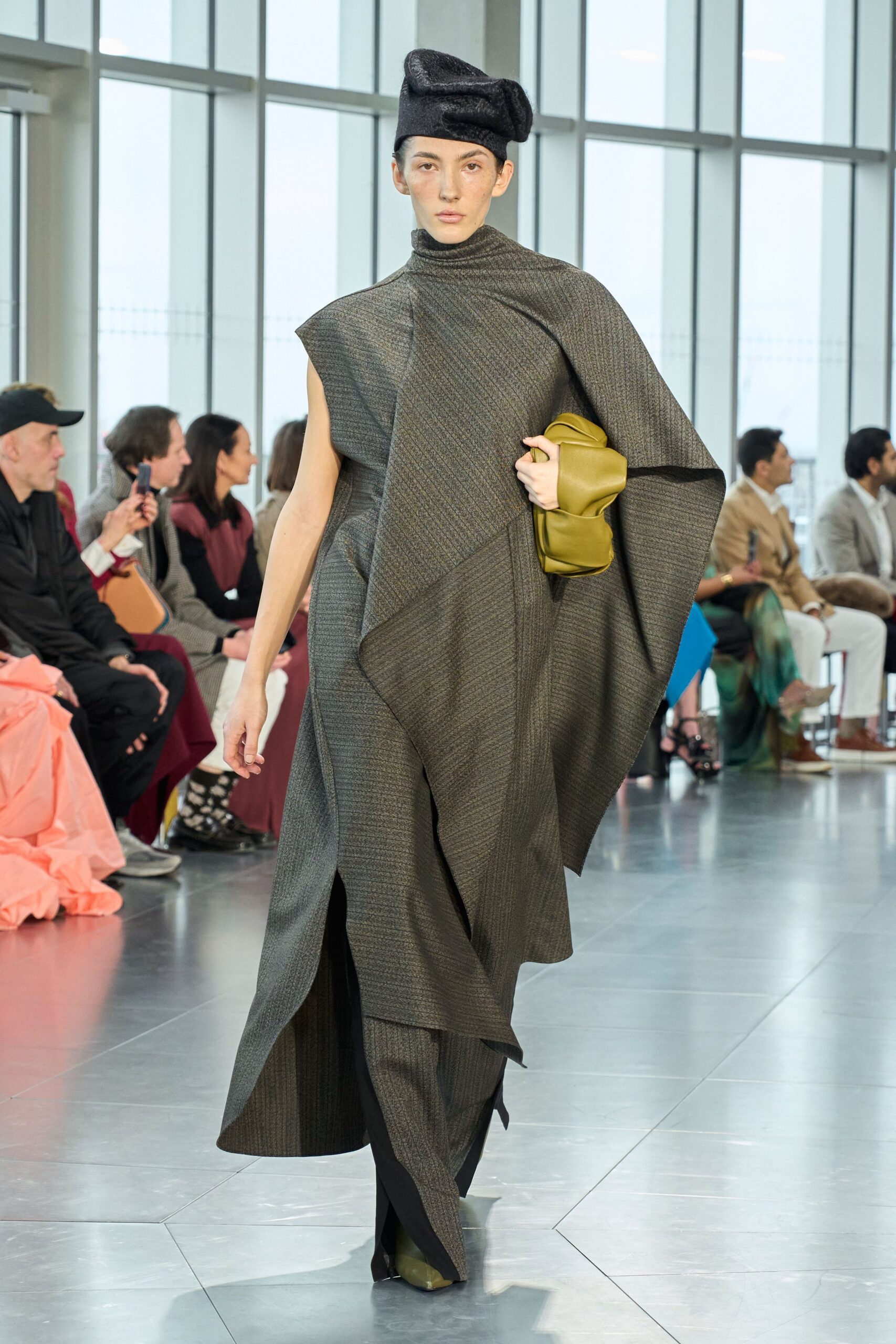 gray wool sleeveless high-neck relaxed draped maxi dress