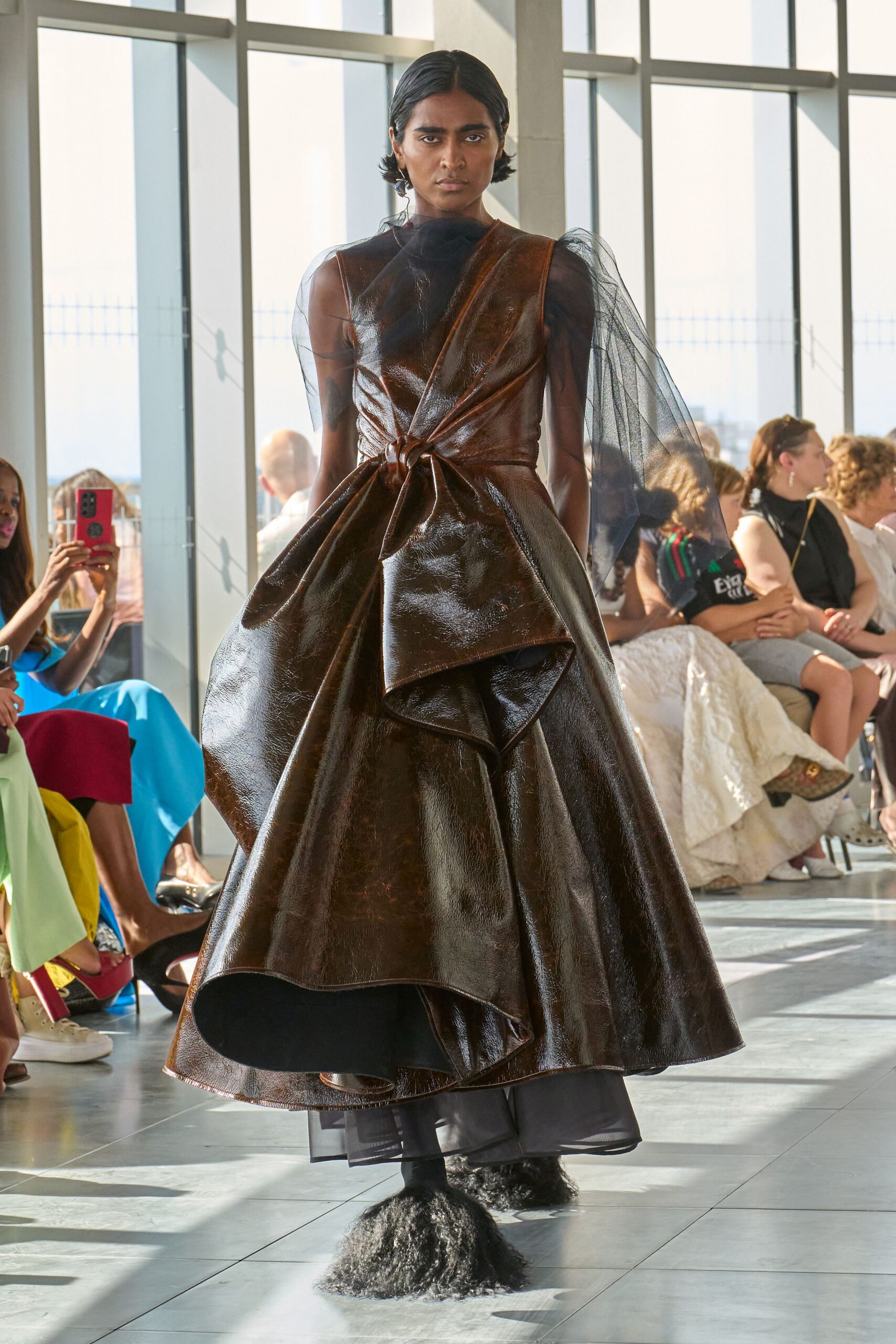 brown leather midi dress with fur shoes