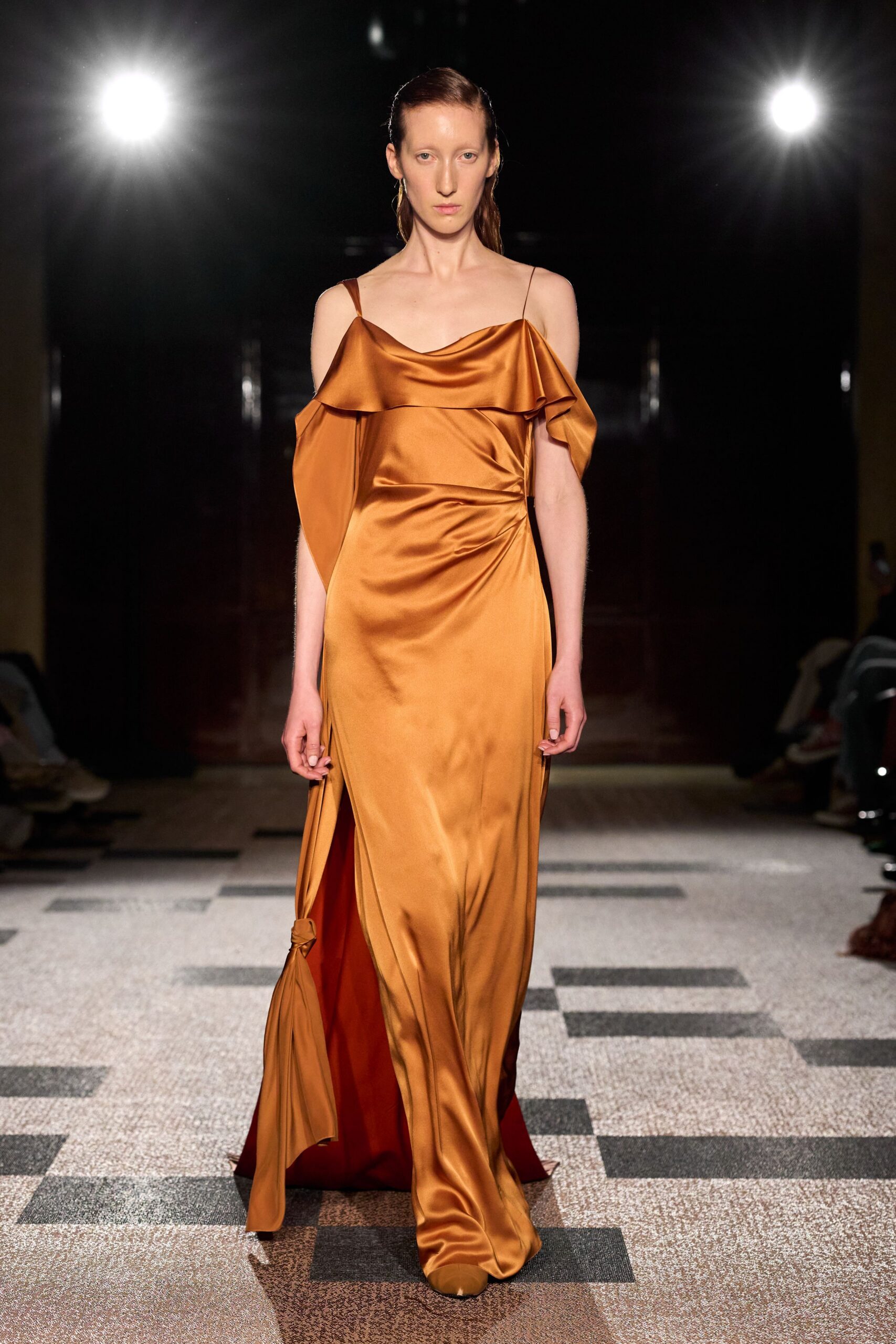 orange silk sleeveless gown