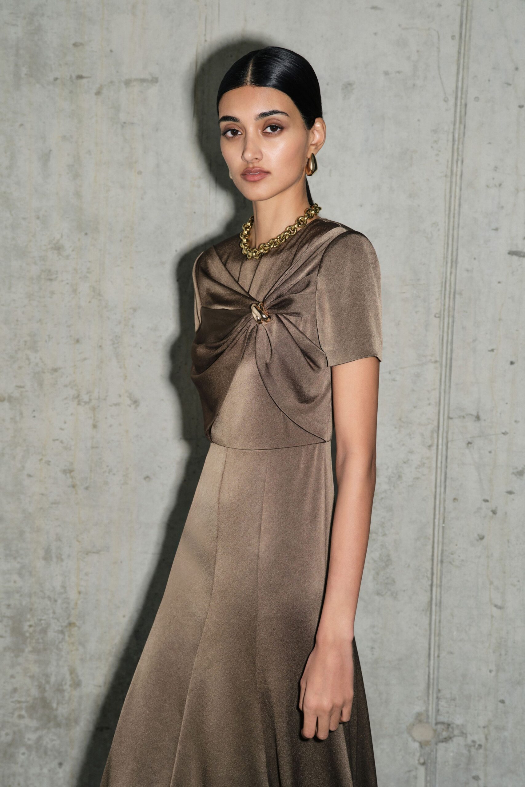 brown silk fitted midi dress
