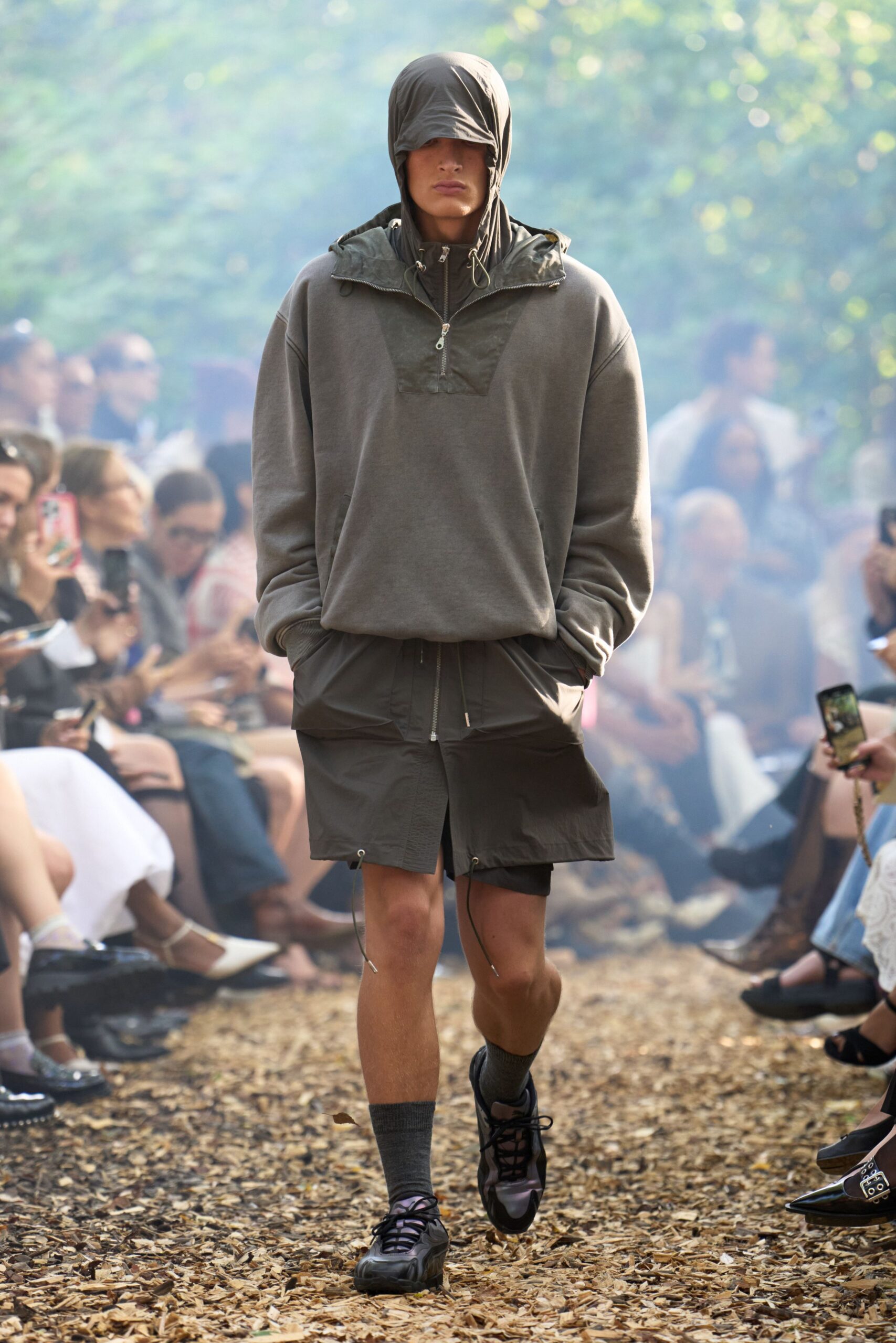 gray hoodie and shorts outfit