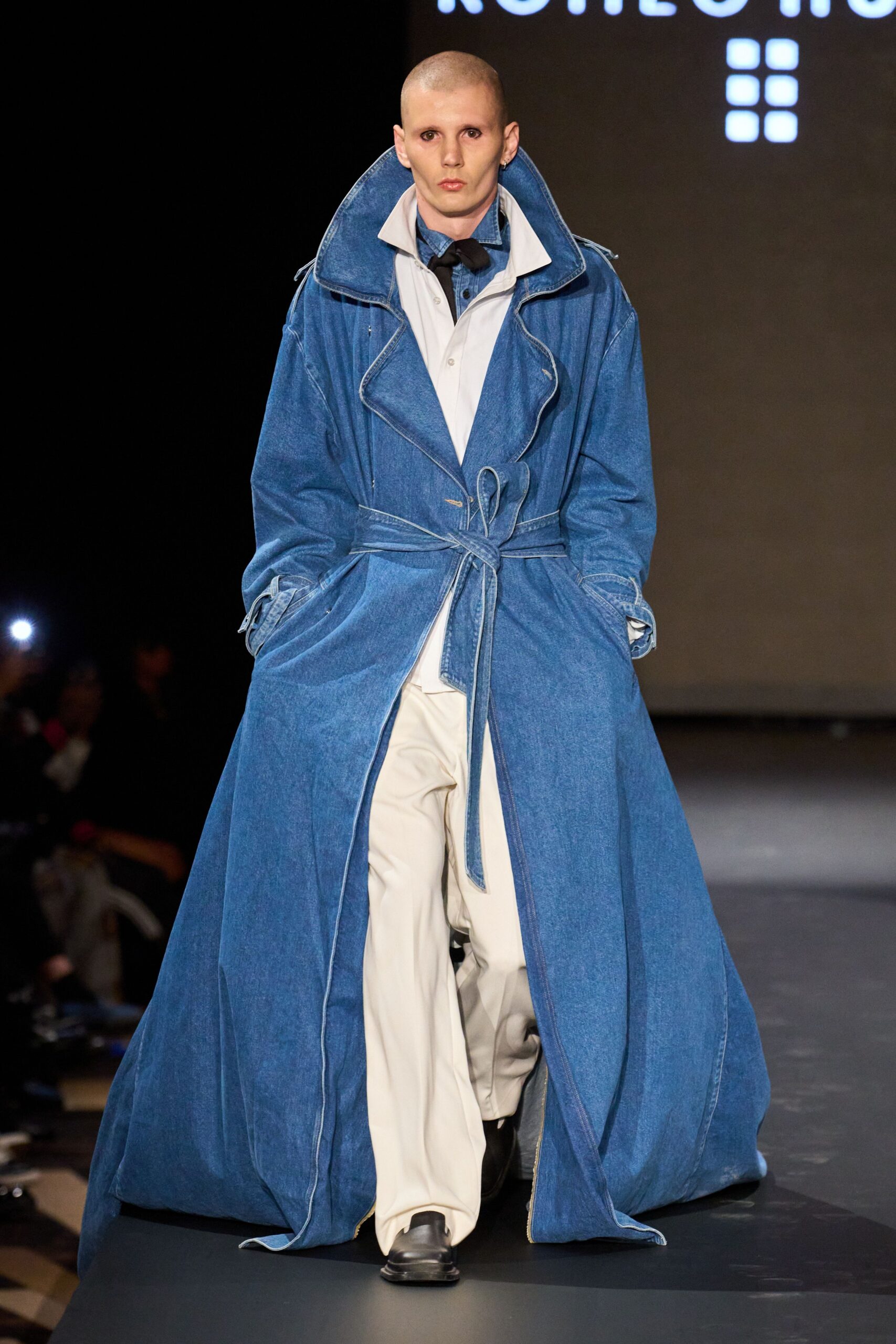 blue denim long-sleeve collared relaxed belted coat