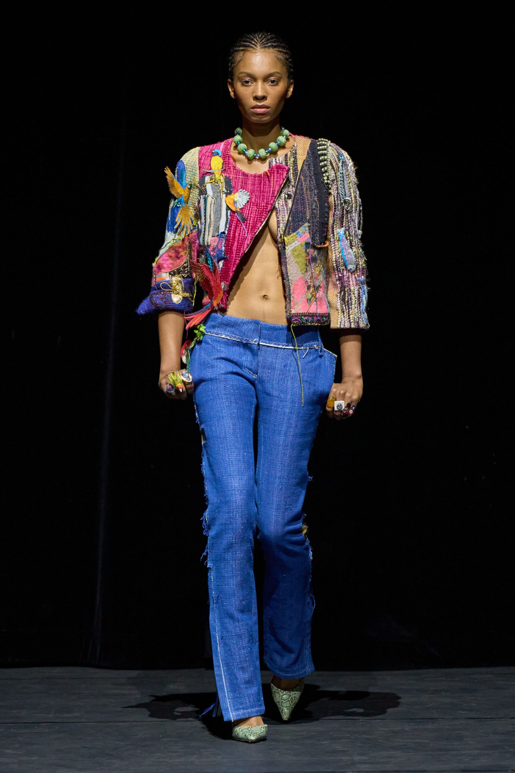 multi cotton short-sleeve collared fitted fringed embroidered jacket