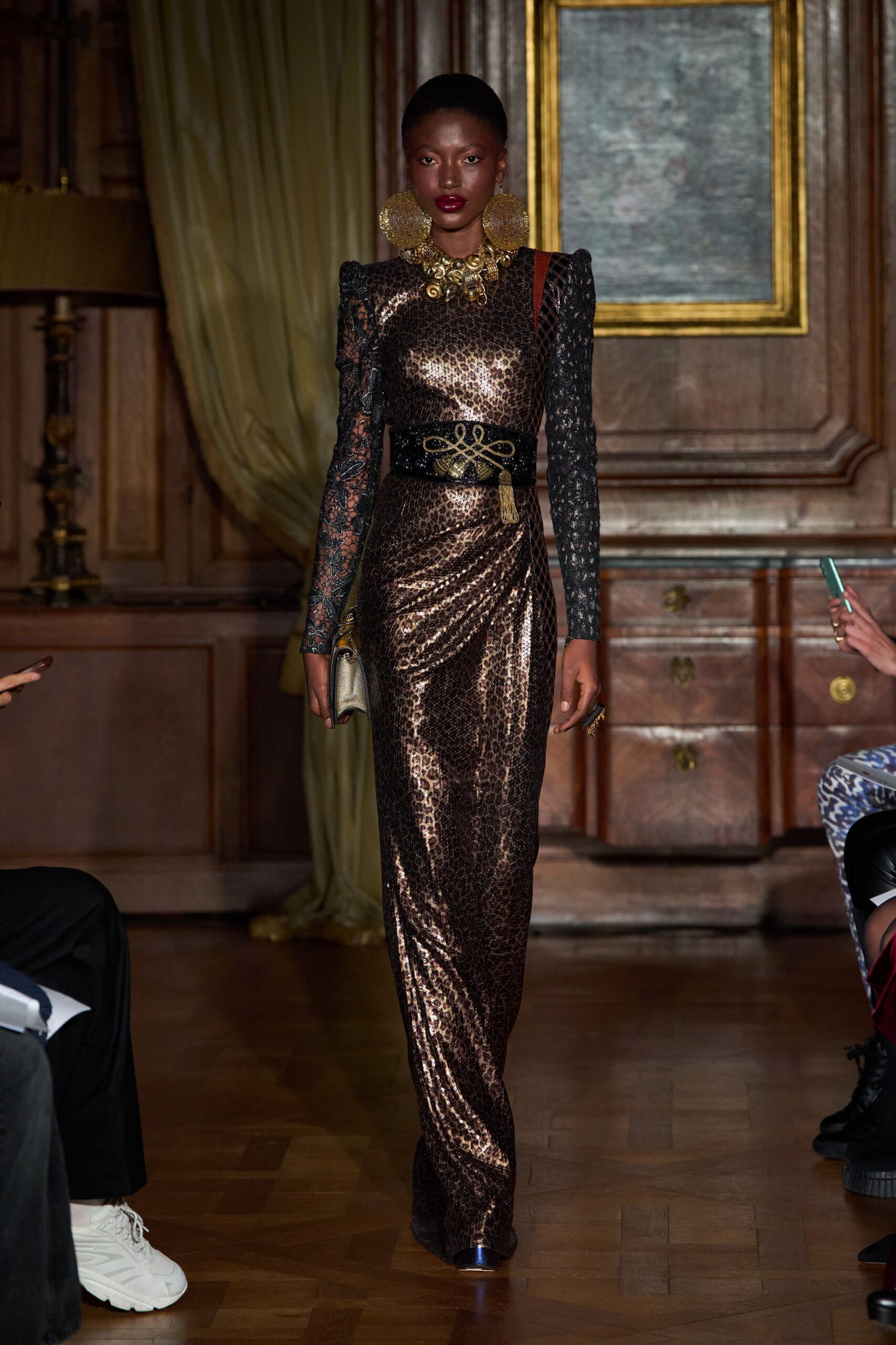 brown silk long-sleeve high-neck fitted animal-print ruched gown