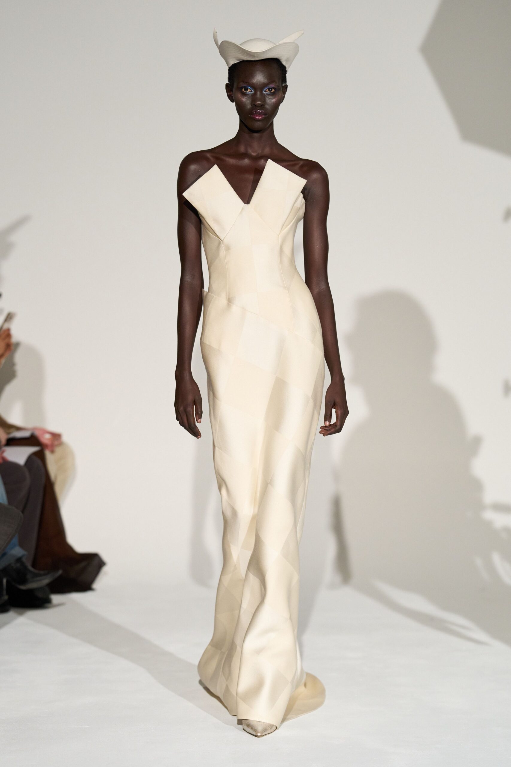 beige silk sleeveless v-neck fitted structured maxi gown
