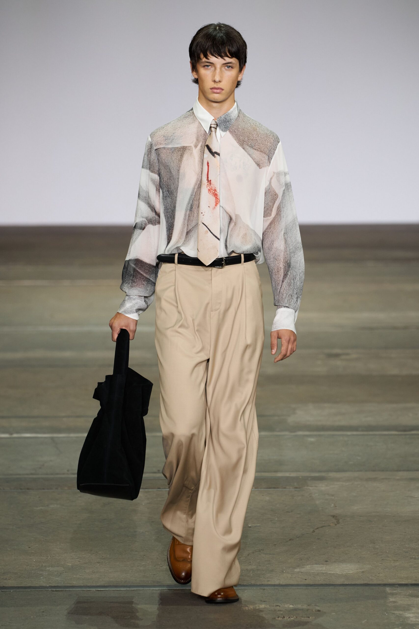multi-colored relaxed shirt with beige pants