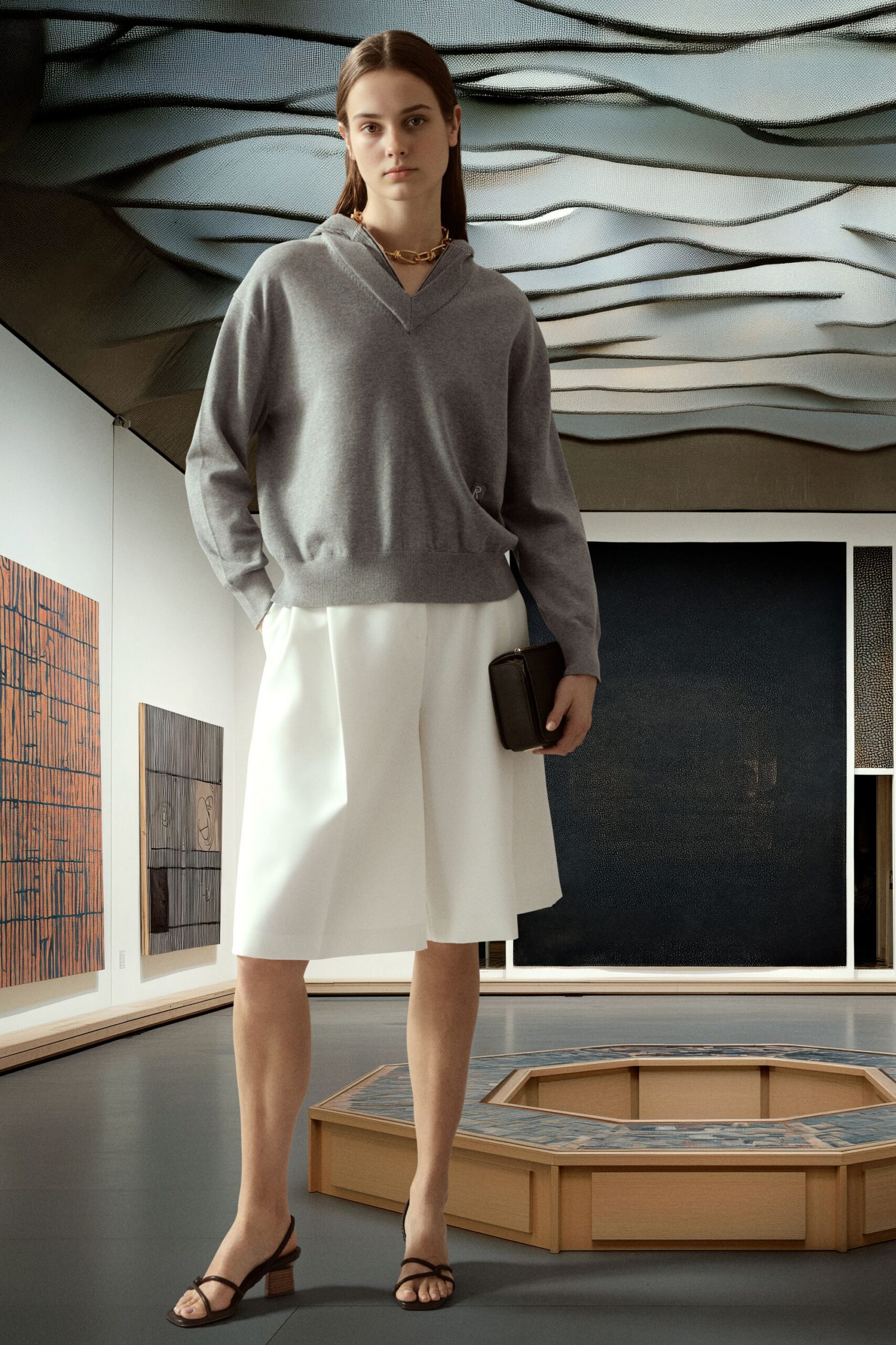 gray hoodie white pleated shorts