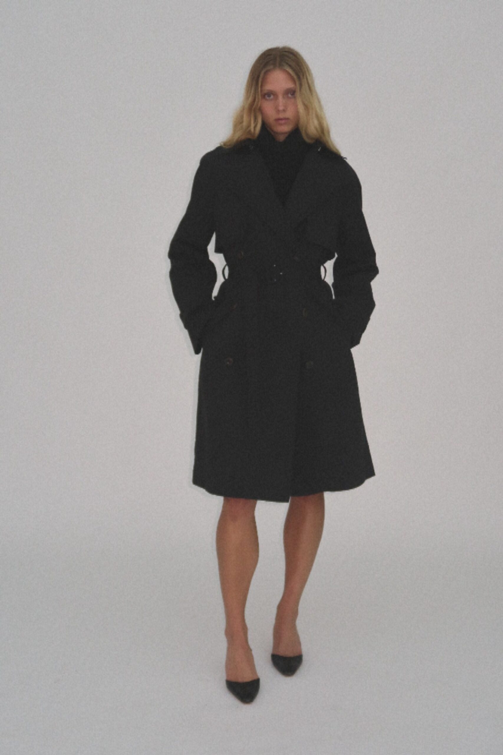 black wool long-sleeve collared structured belted midi coat
