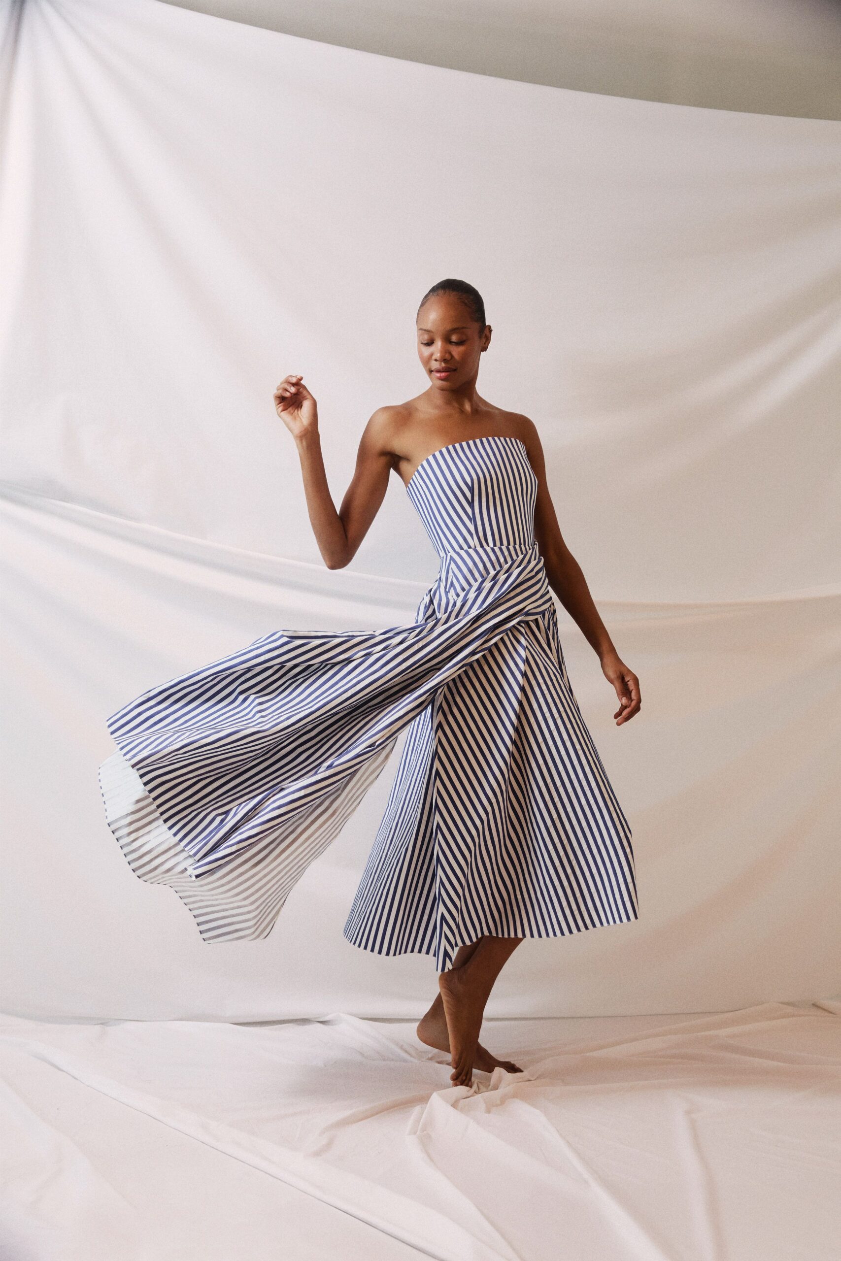 blue and white striped midi dress