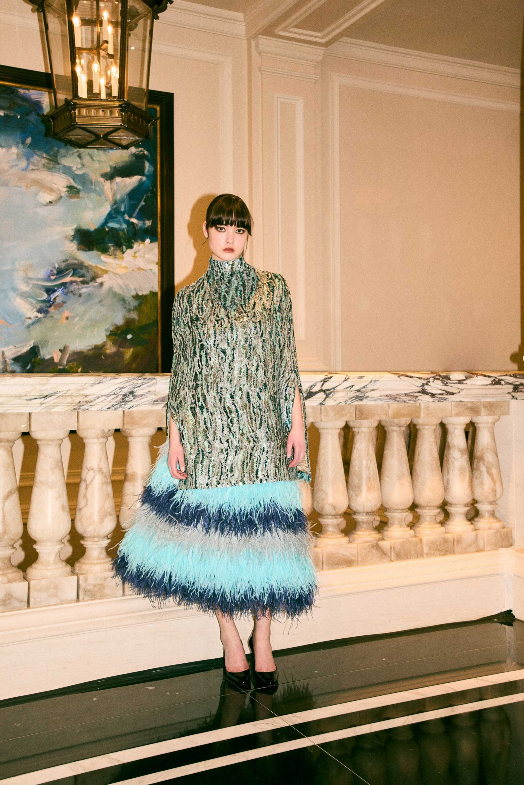 blue silk long-sleeve high-neck fitted fringed flowing dress