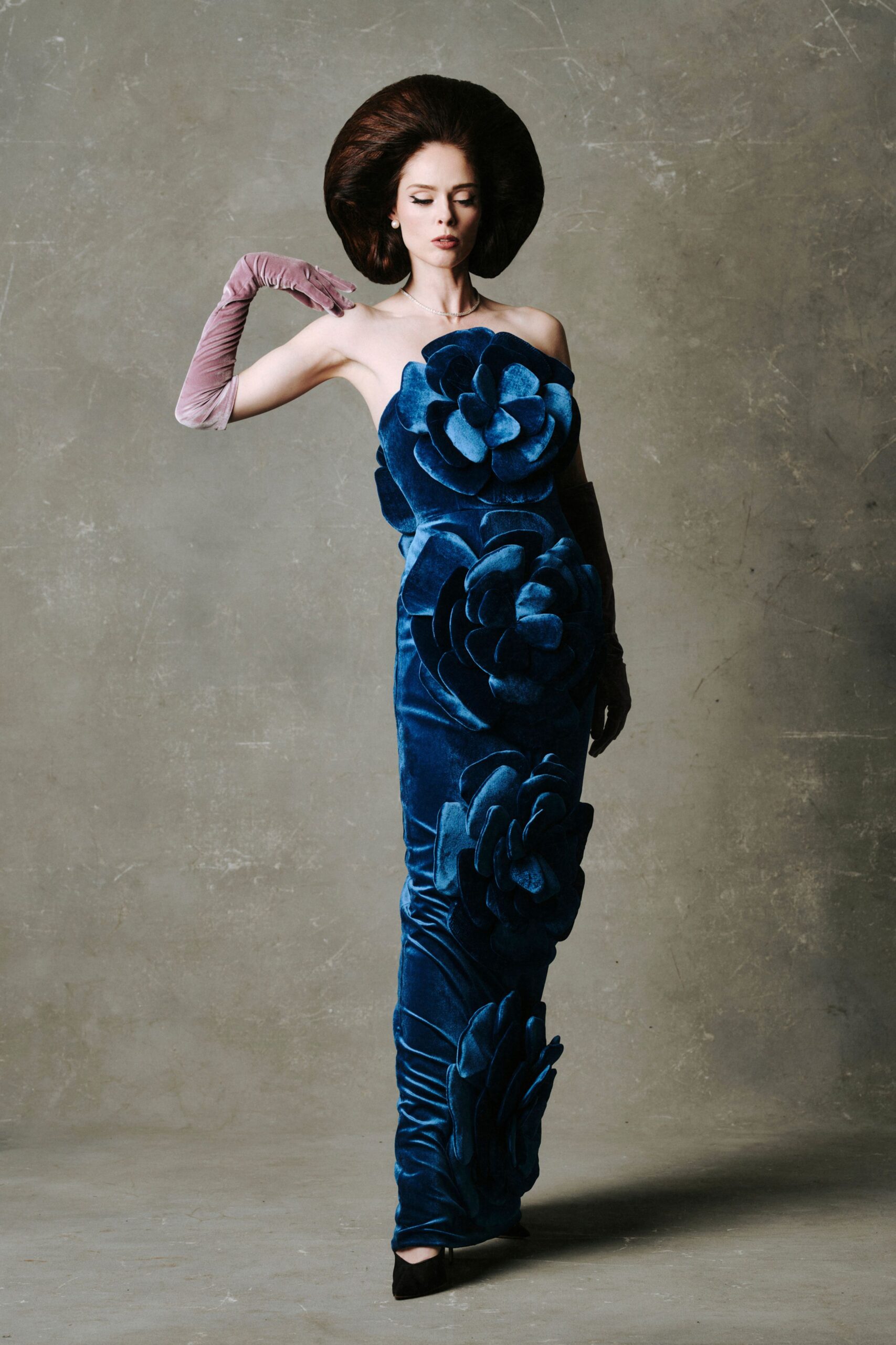 blue velvet strapless gown