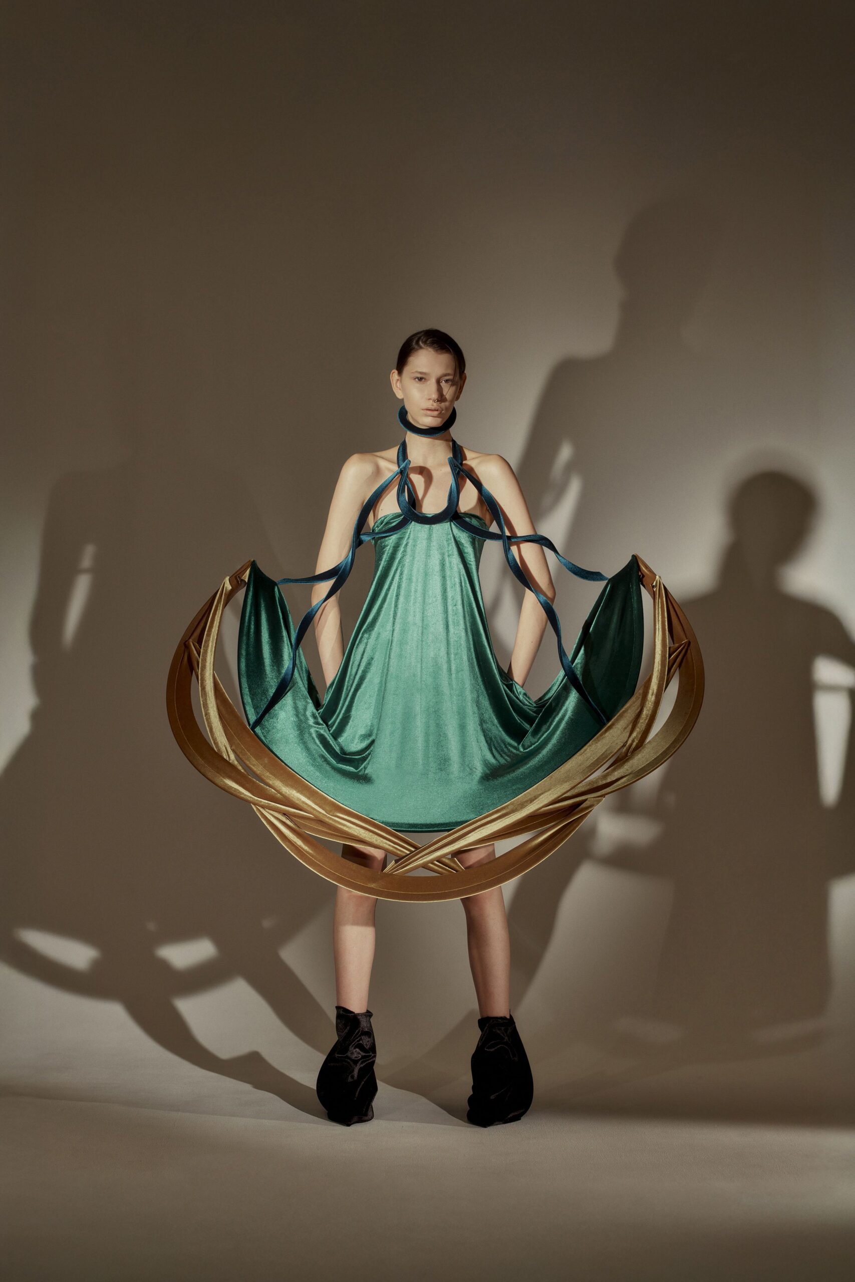 green silk sleeveless halter fitted draped flowing dress