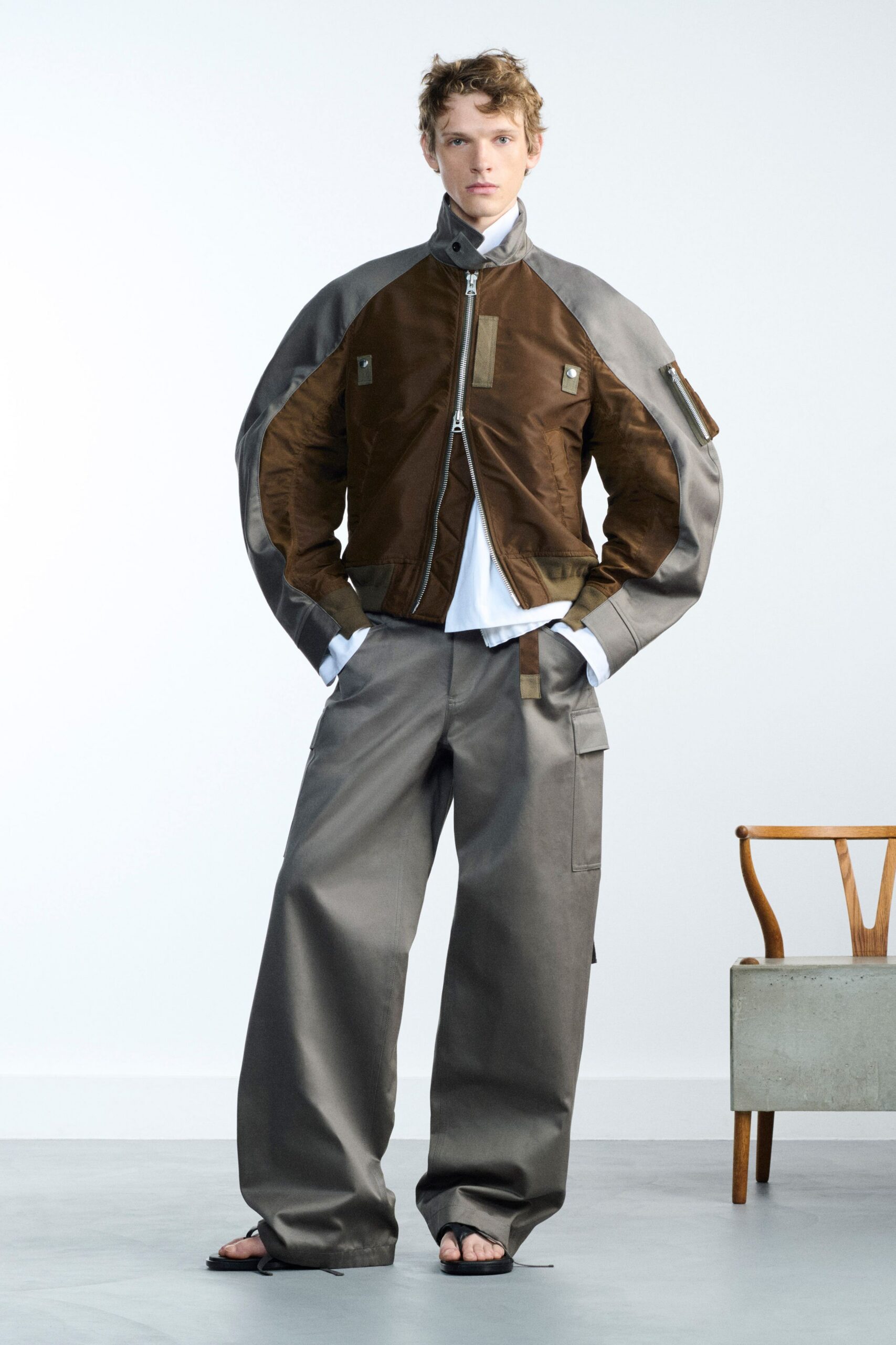 brown gray relaxed jacket with cargo pants