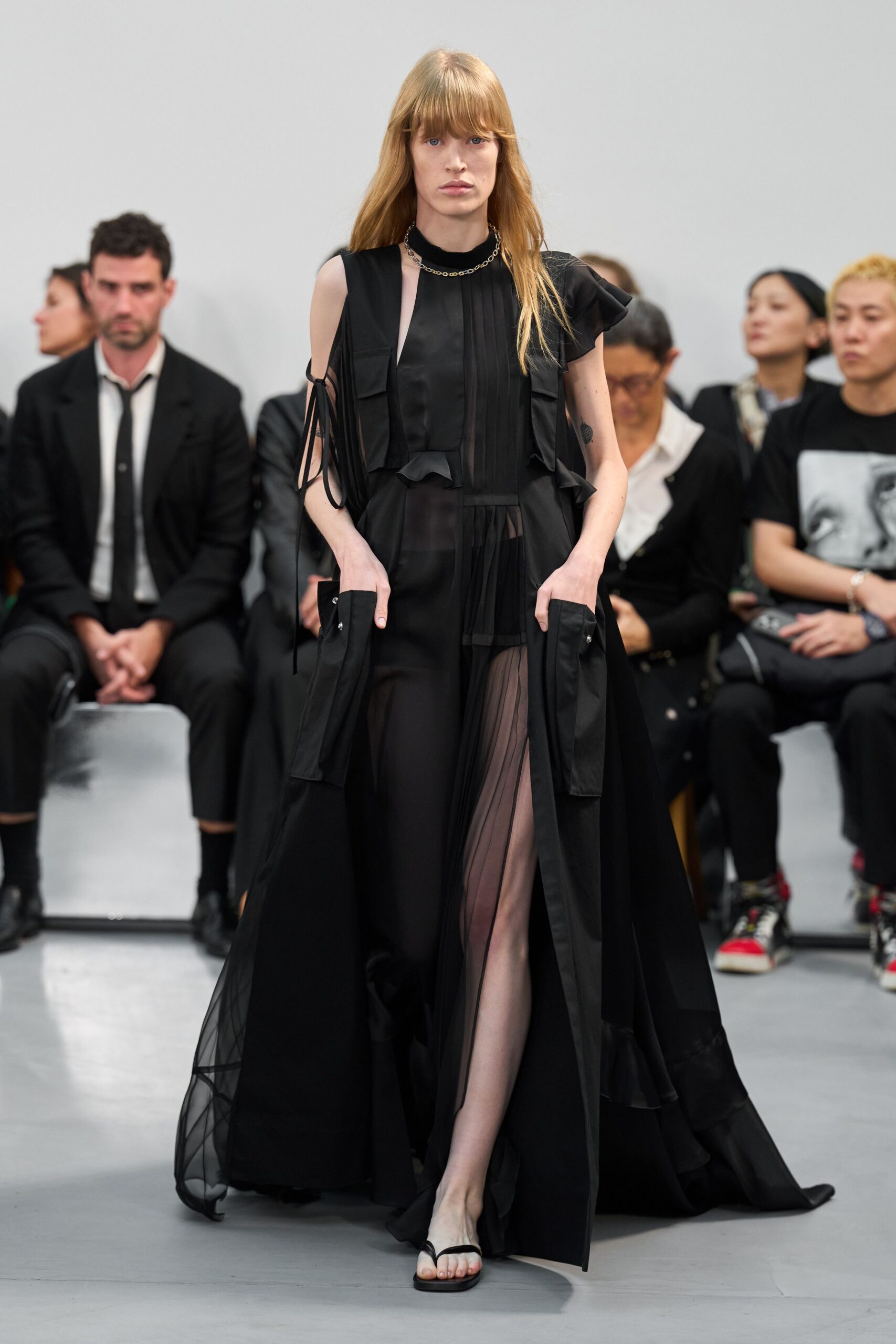 black silk sleeveless v-neck fitted layered flowing dress