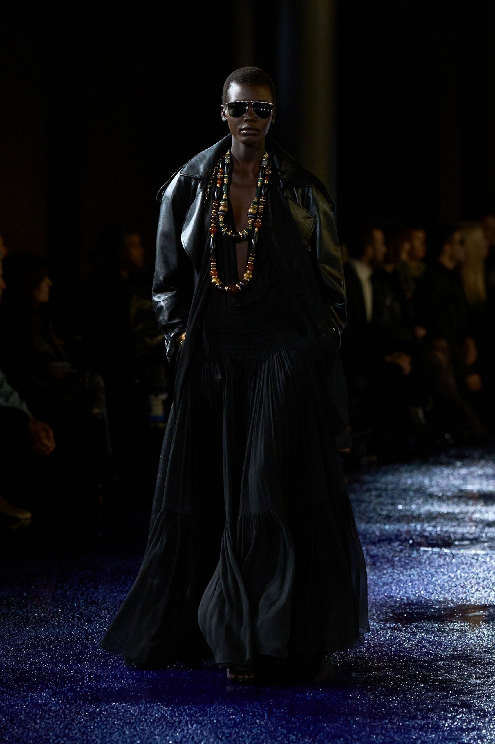 black pleated maxi dress with oversized jacket