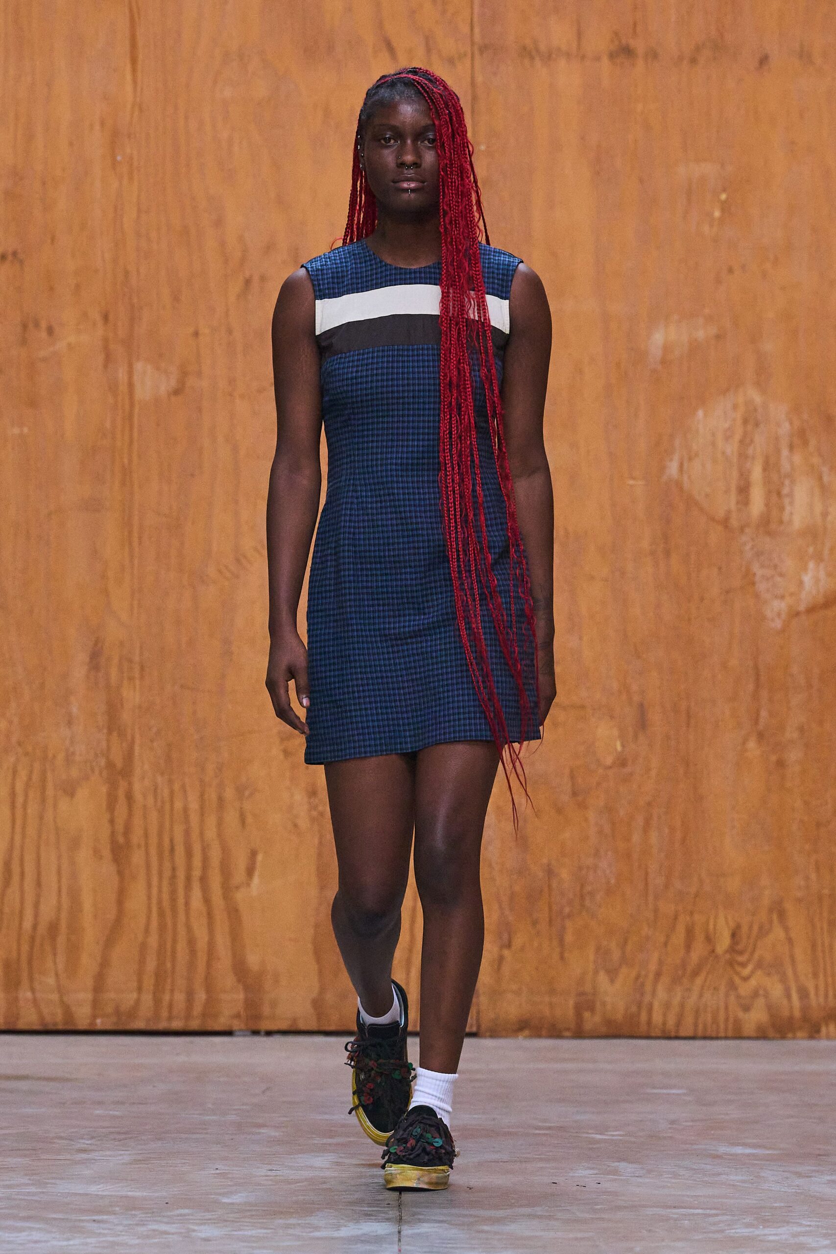 blue cotton sleeveless high-neck fitted color-blocked mini dress