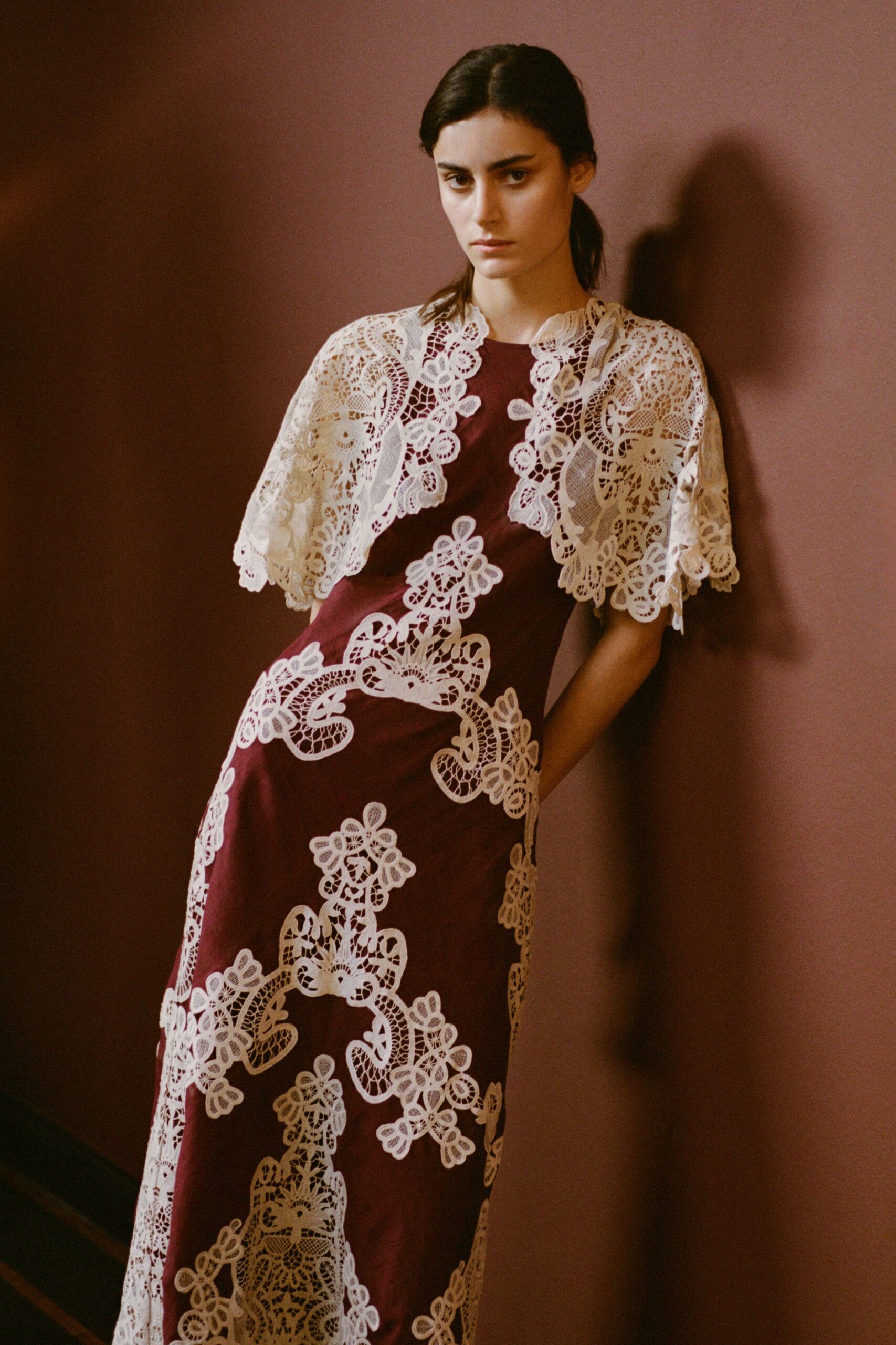 maroon silk embroidered gown
