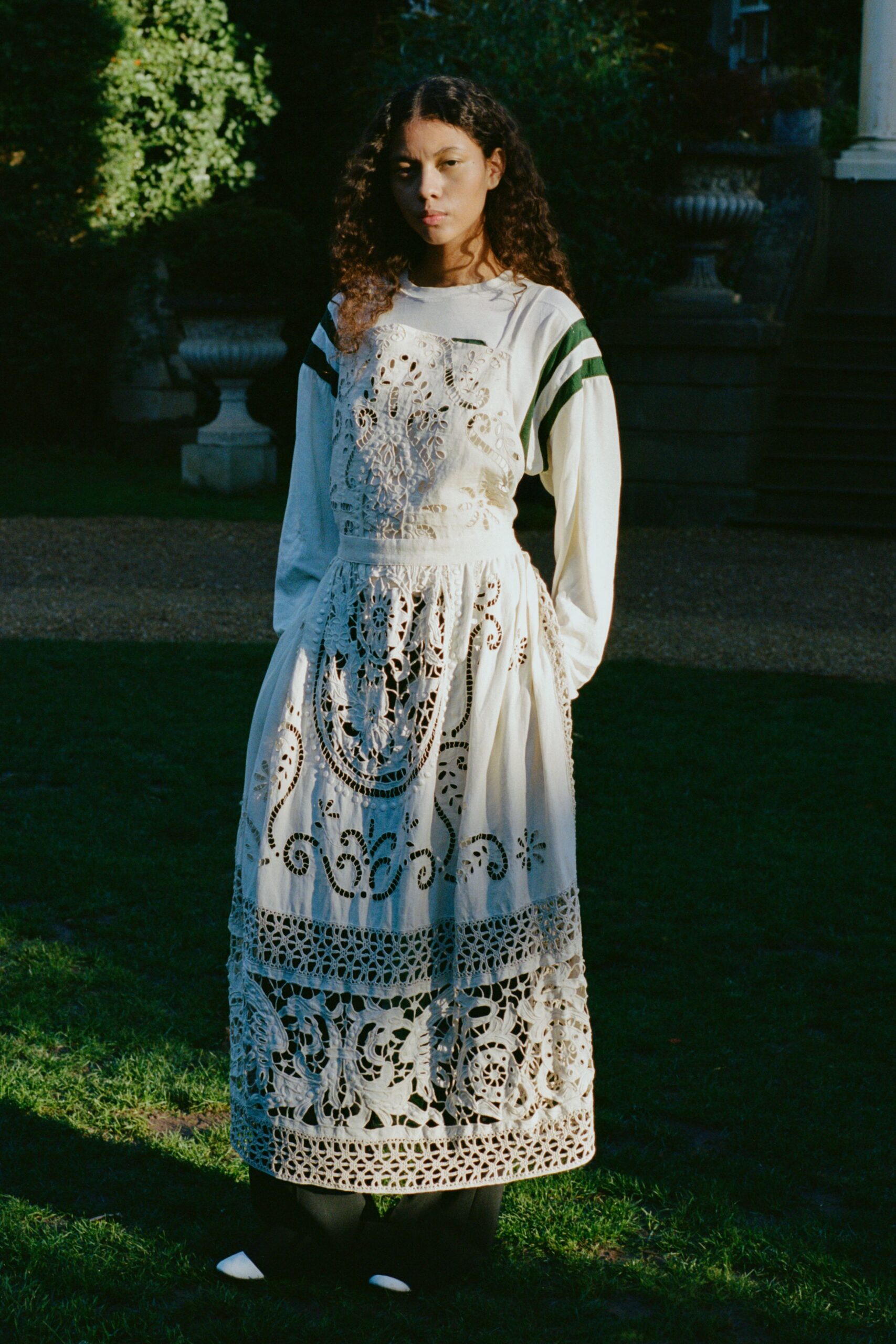 white cotton long-sleeve v-neck fitted embroidered layered dress