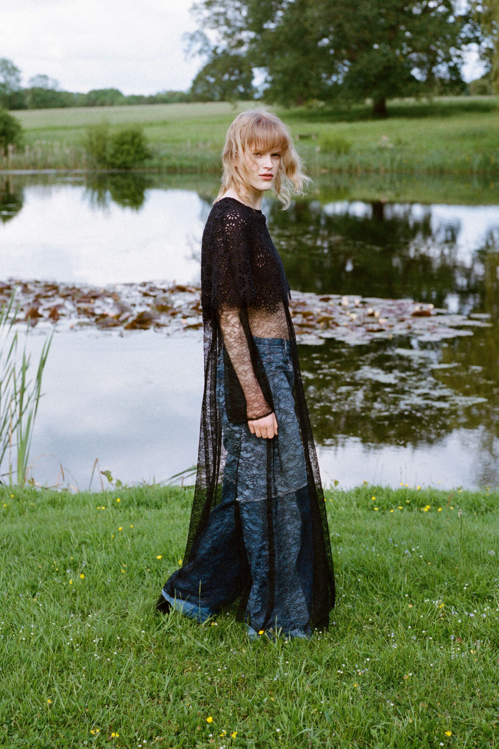 black lace long-sleeve relaxed layered sheer flowing top