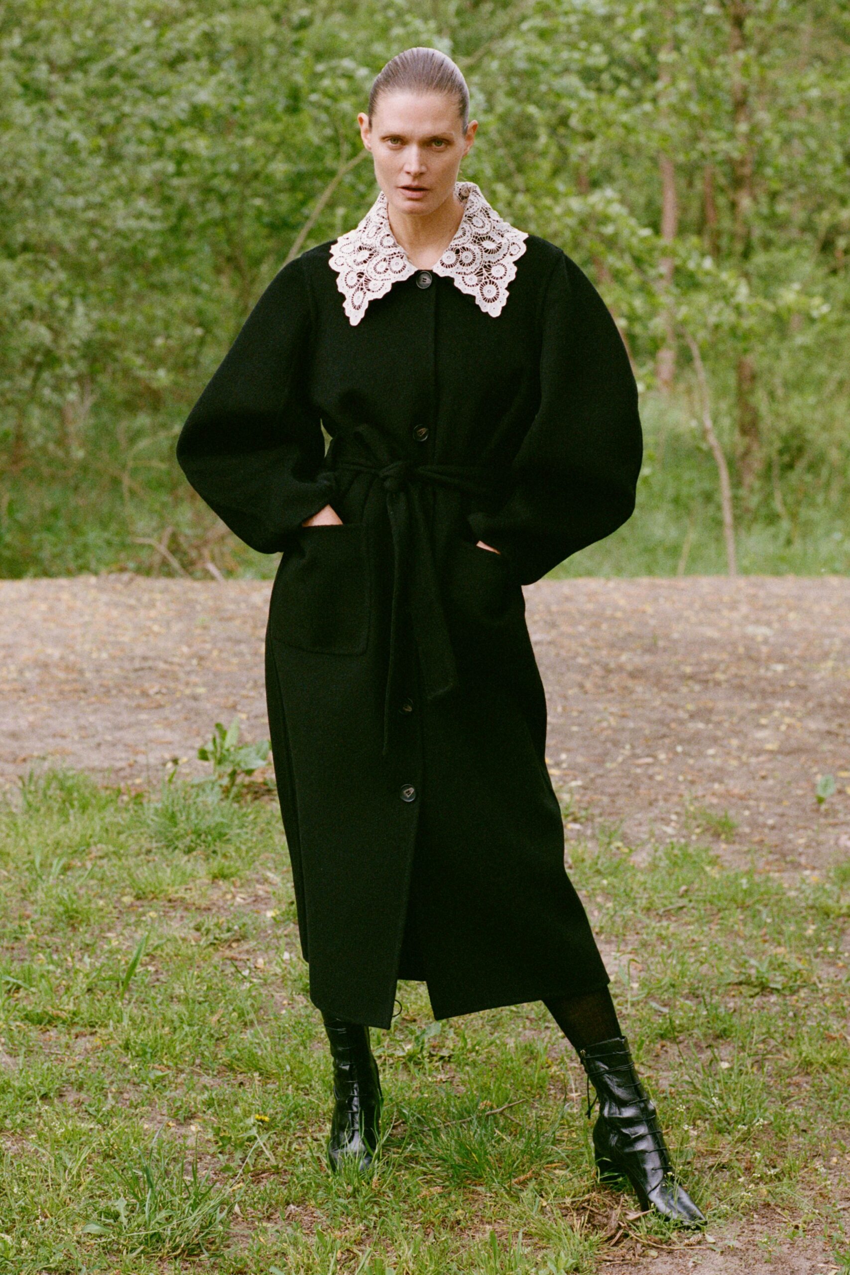 black wool long-sleeve collared fitted belted midi coat