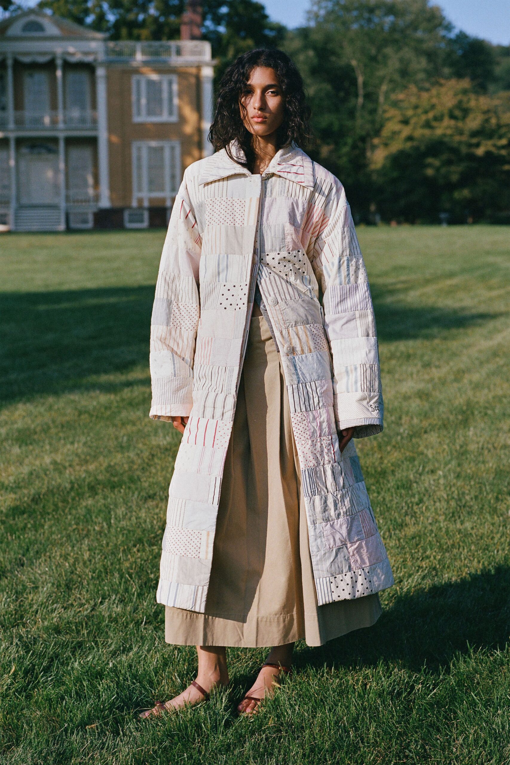 white cotton long-sleeve collared relaxed patchwork maxi coat