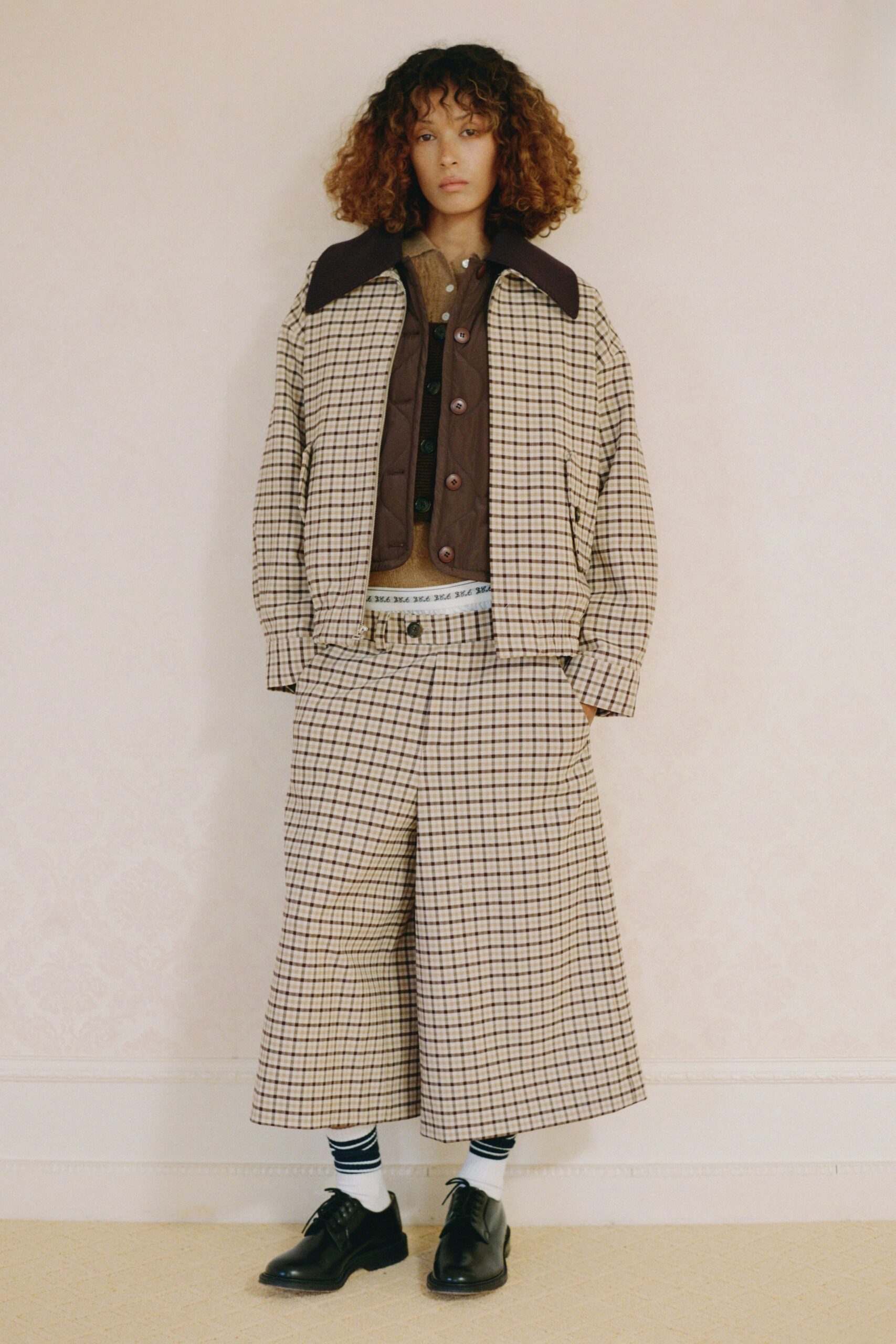 beige checked jacket and pants