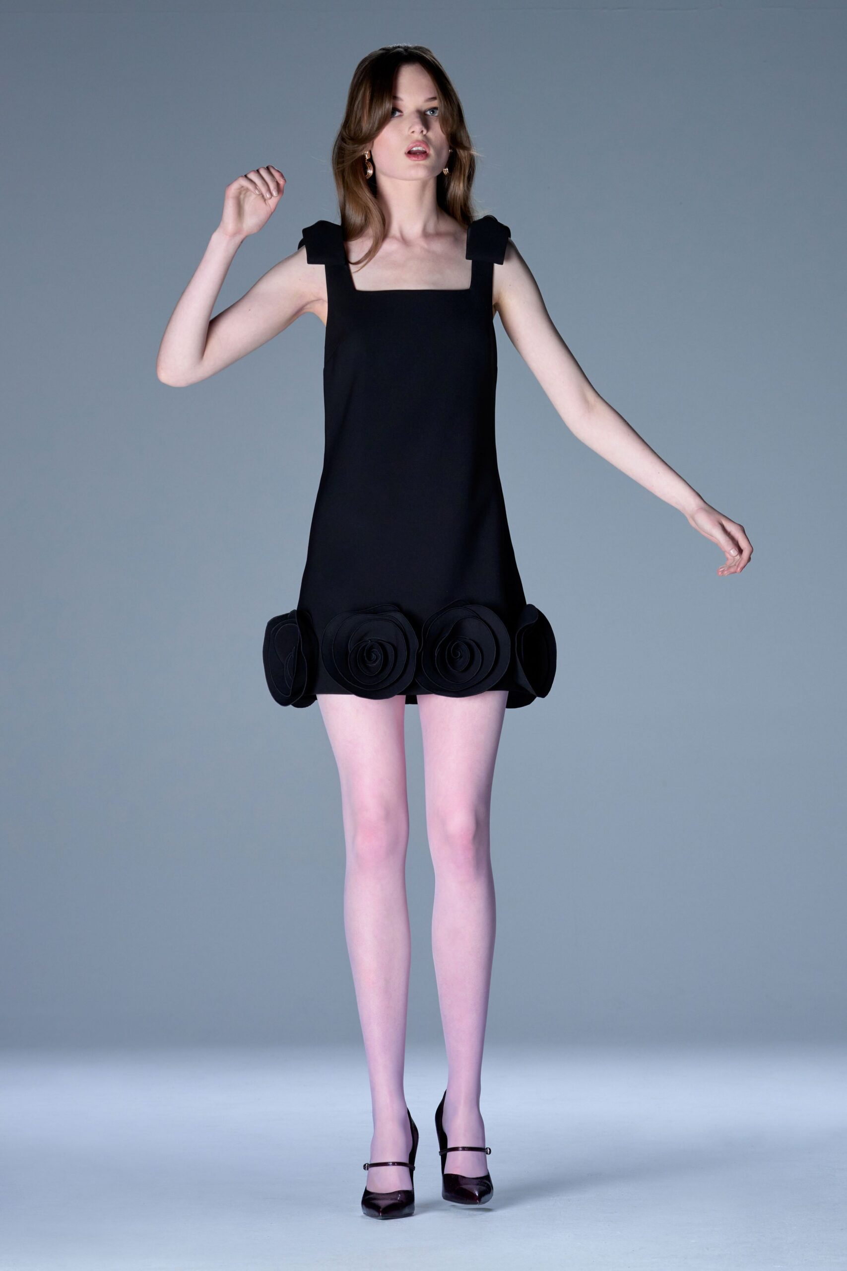 black cotton sleeveless square-neck fitted flared embellished dress
