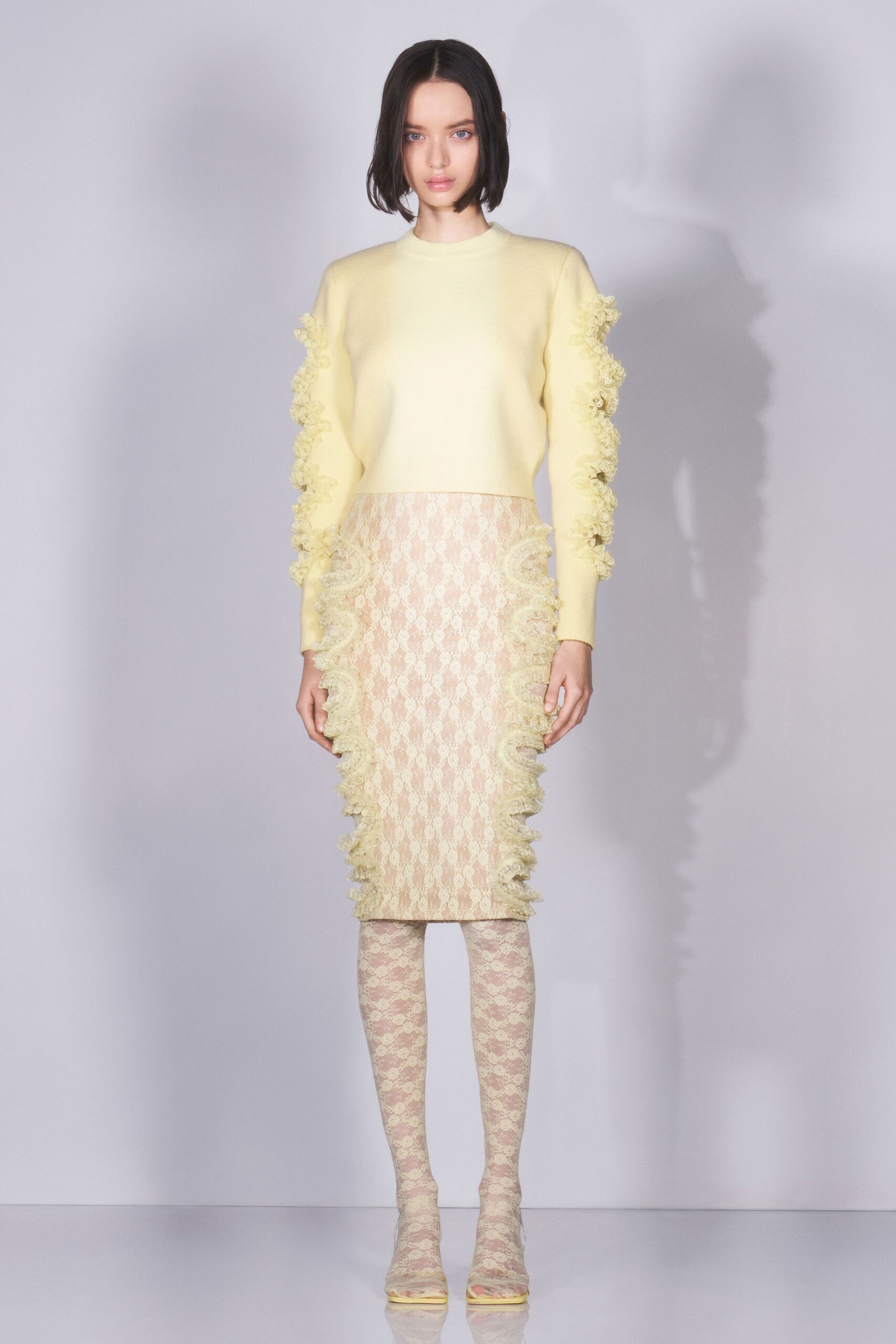 beige lace fitted pencil midi skirt