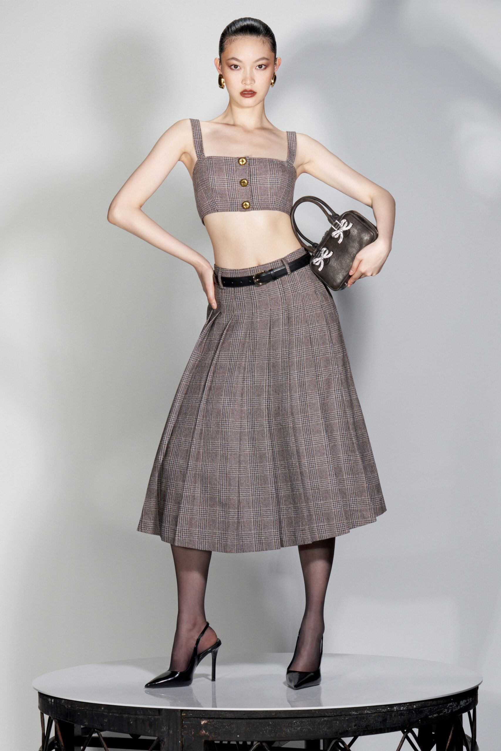 brown cotton fitted pleated a-line midi skirt