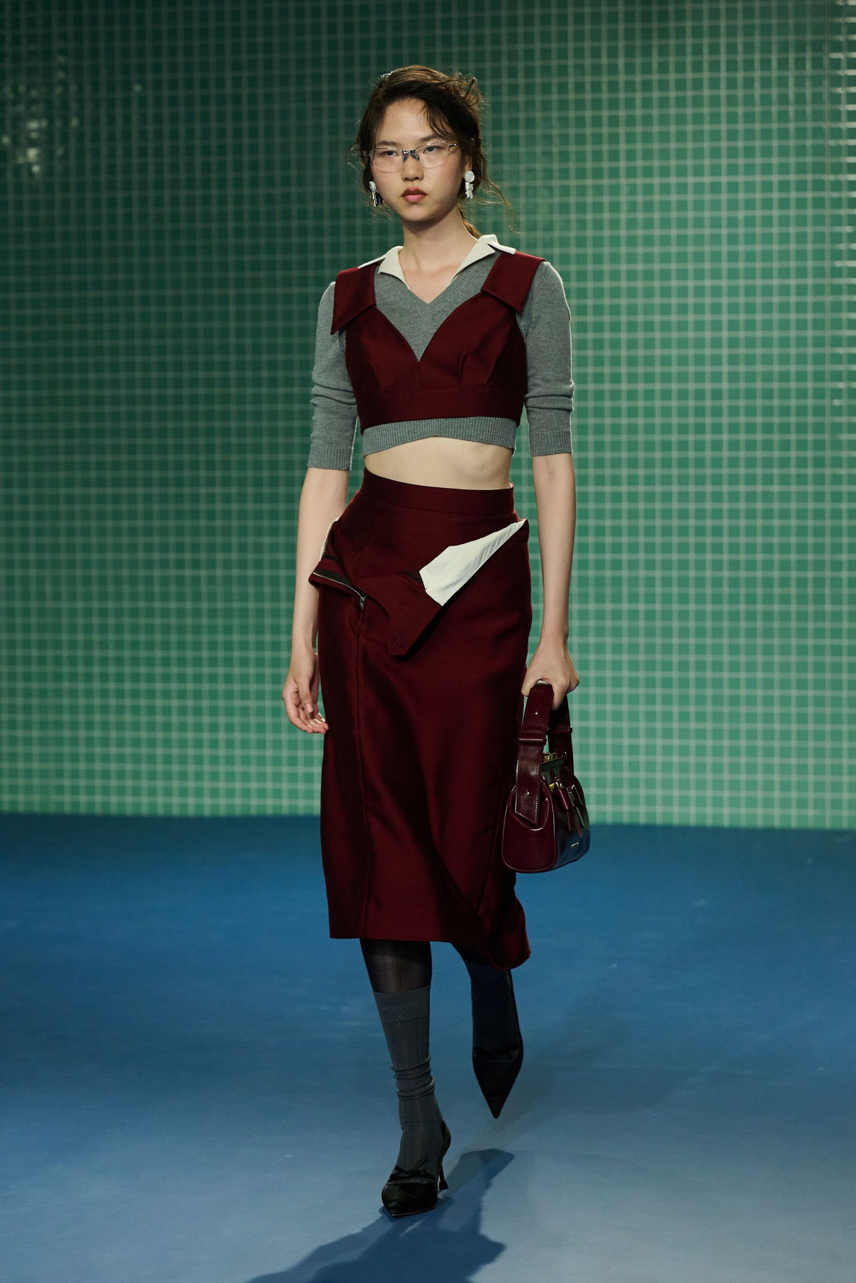 red cotton fitted high-waisted zippered midi skirt