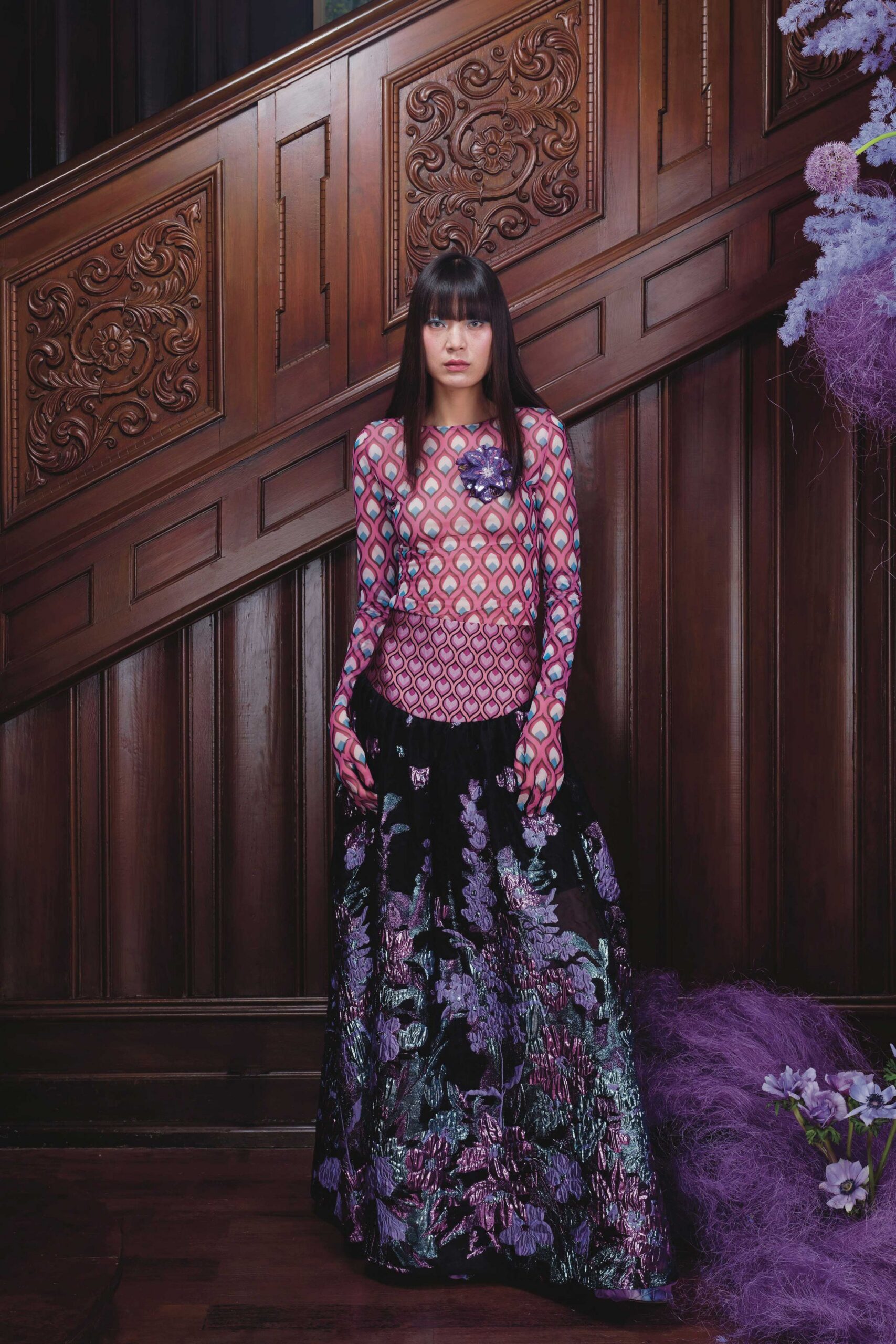 pink cotton long-sleeve high-neck fitted printed top