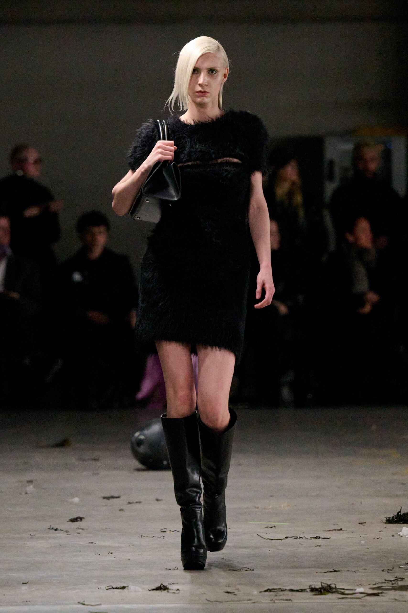 black fur sleeveless high-neck fitted textured mini dress