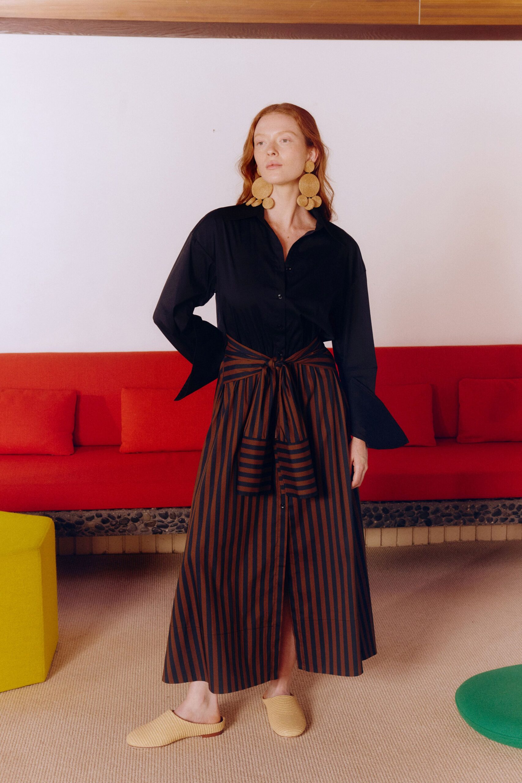 black cotton long-sleeve collared fitted striped buttoned shirt-dress